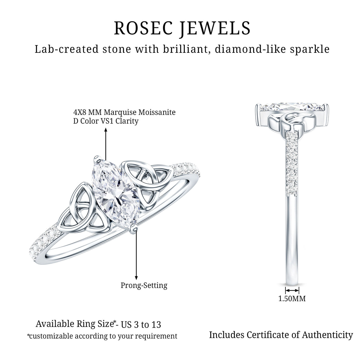 Marquise Cut Moissanite Celtic Knot Engagement Ring D-VS1 - Rosec Jewels