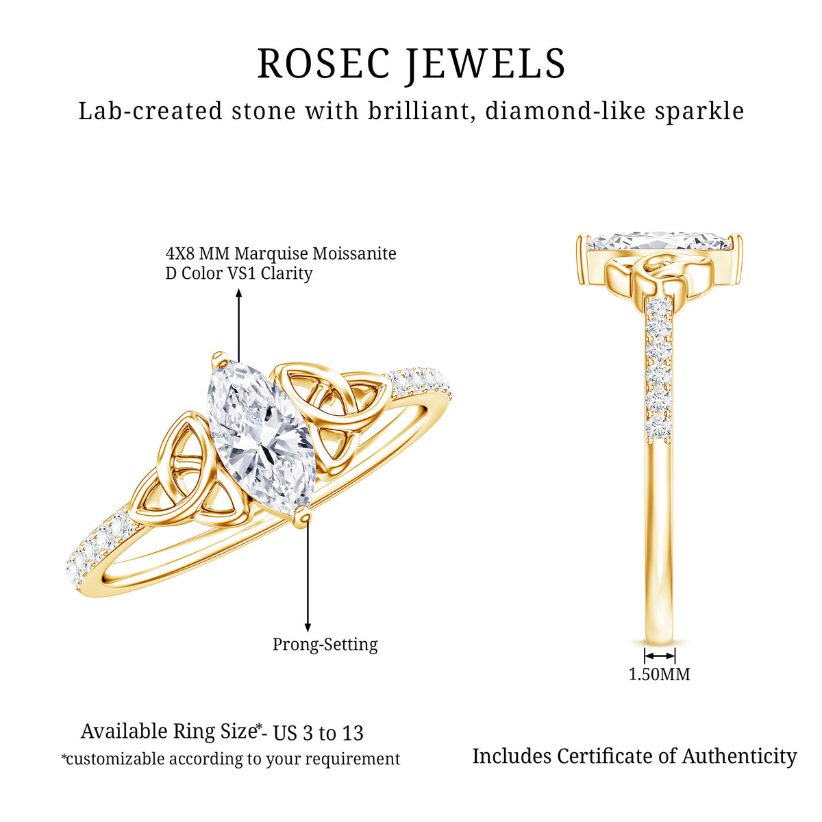 Marquise Cut Moissanite Celtic Knot Engagement Ring D-VS1 - Rosec Jewels