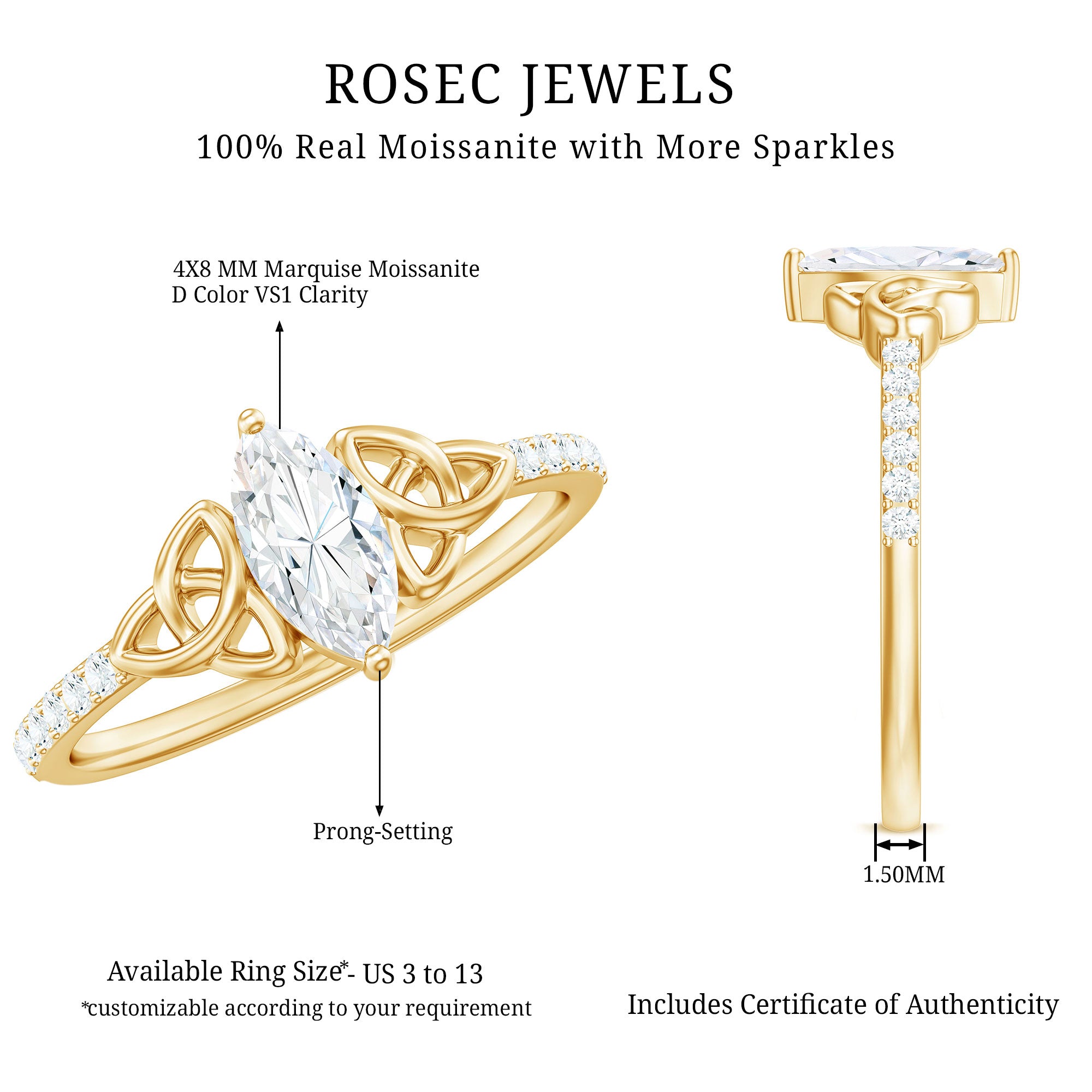Marquise Cut Moissanite Celtic Knot Engagement Ring D-VS1 - Rosec Jewels