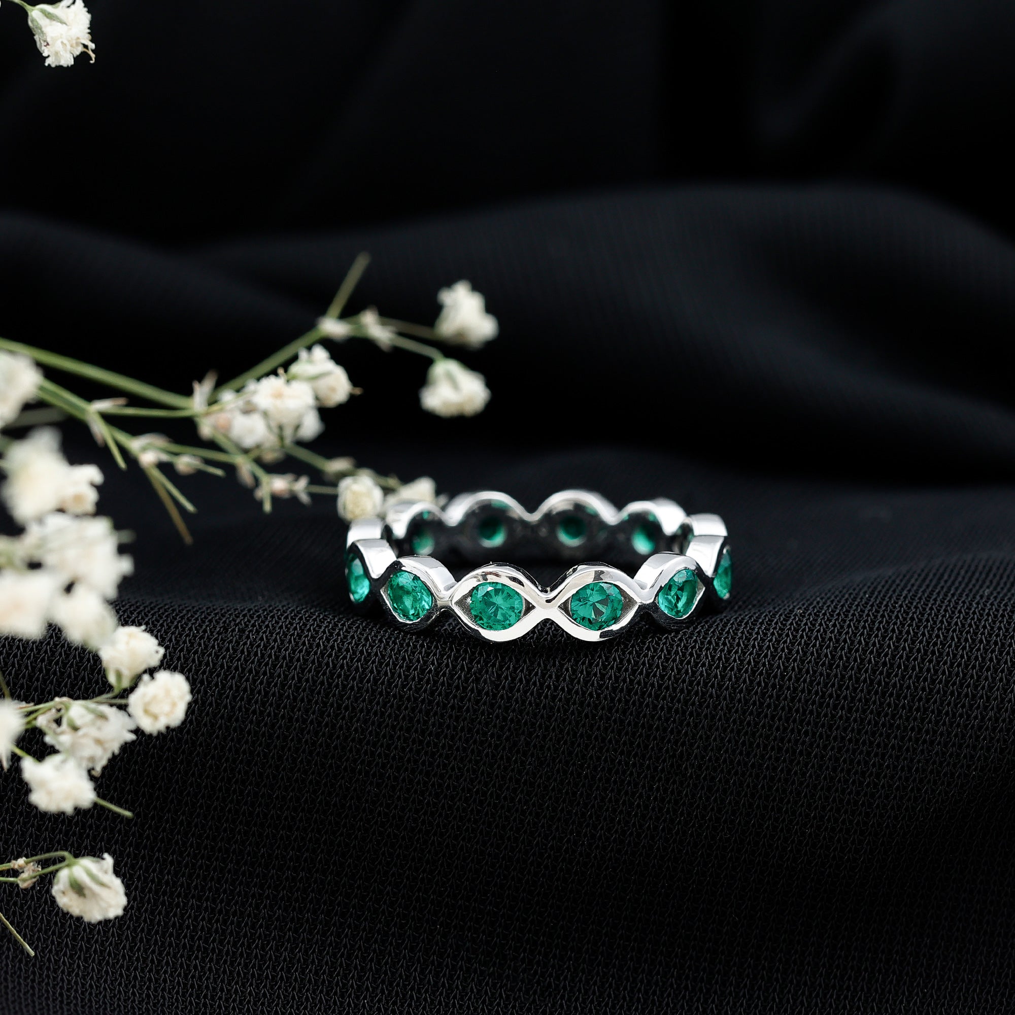 Certified Lab Grown Emerald Infinity Twisted Eternity Ring AAAA - Rosec Jewels