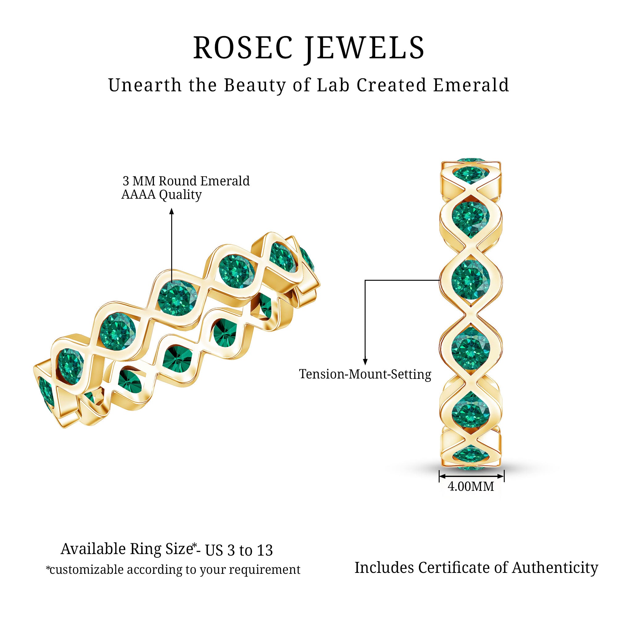 Certified Lab Grown Emerald Infinity Twisted Eternity Ring AAAA - Rosec Jewels