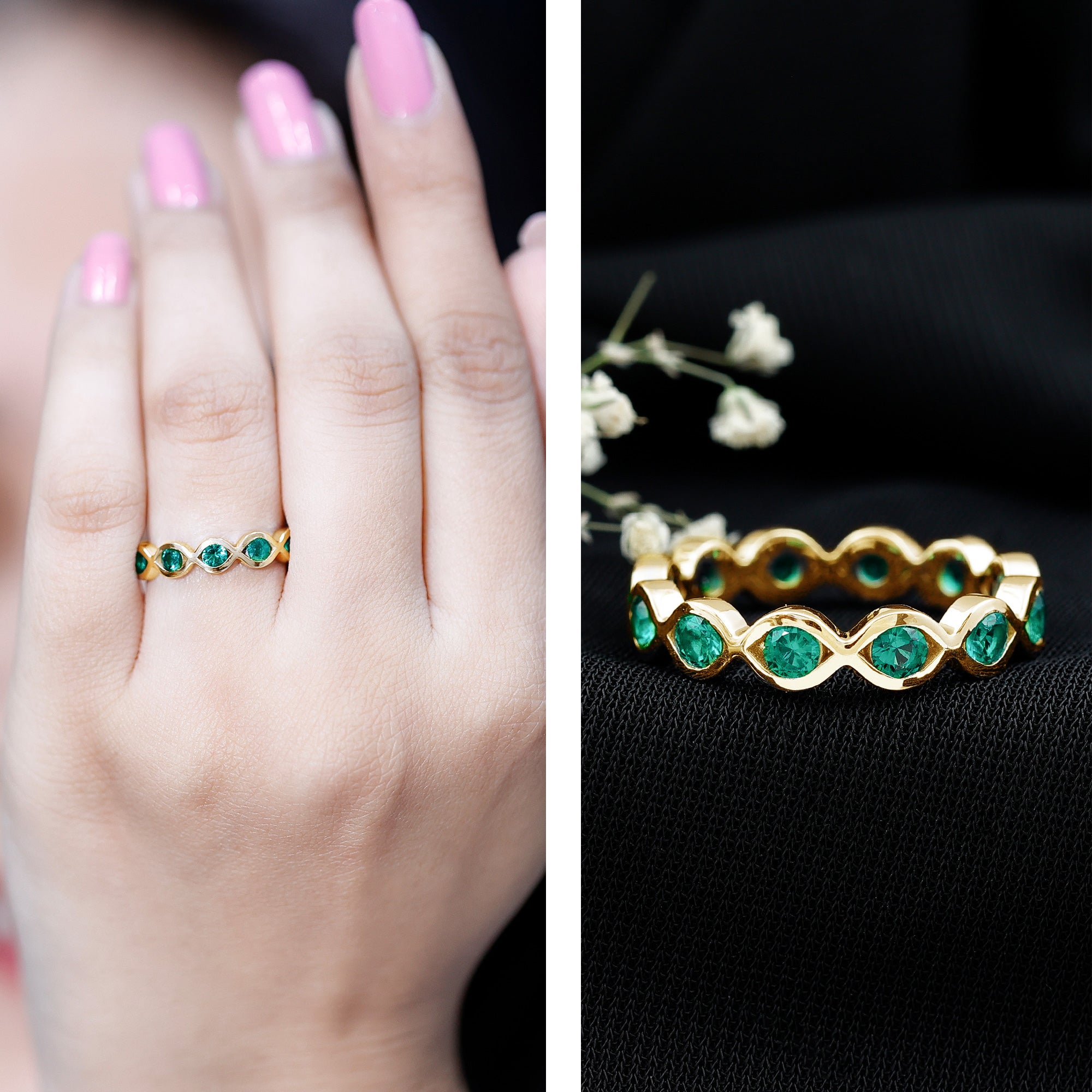 Certified Lab Grown Emerald Infinity Twisted Eternity Ring AAAA - Rosec Jewels