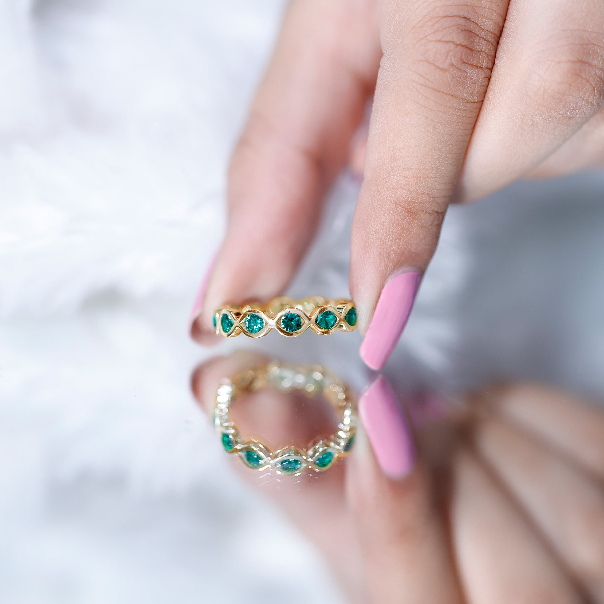 Certified Lab Grown Emerald Infinity Twisted Eternity Ring AAAA - Rosec Jewels