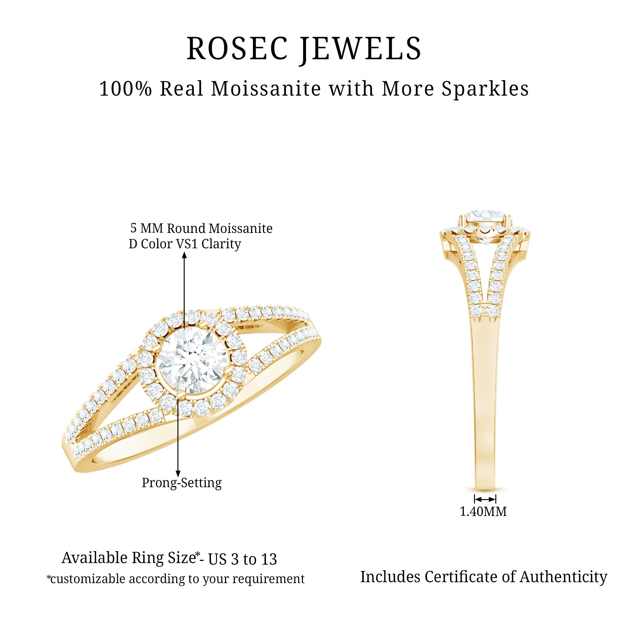 Womens Moissanite Halo Engagement Ring with Split Shank D-VS1 - Rosec Jewels