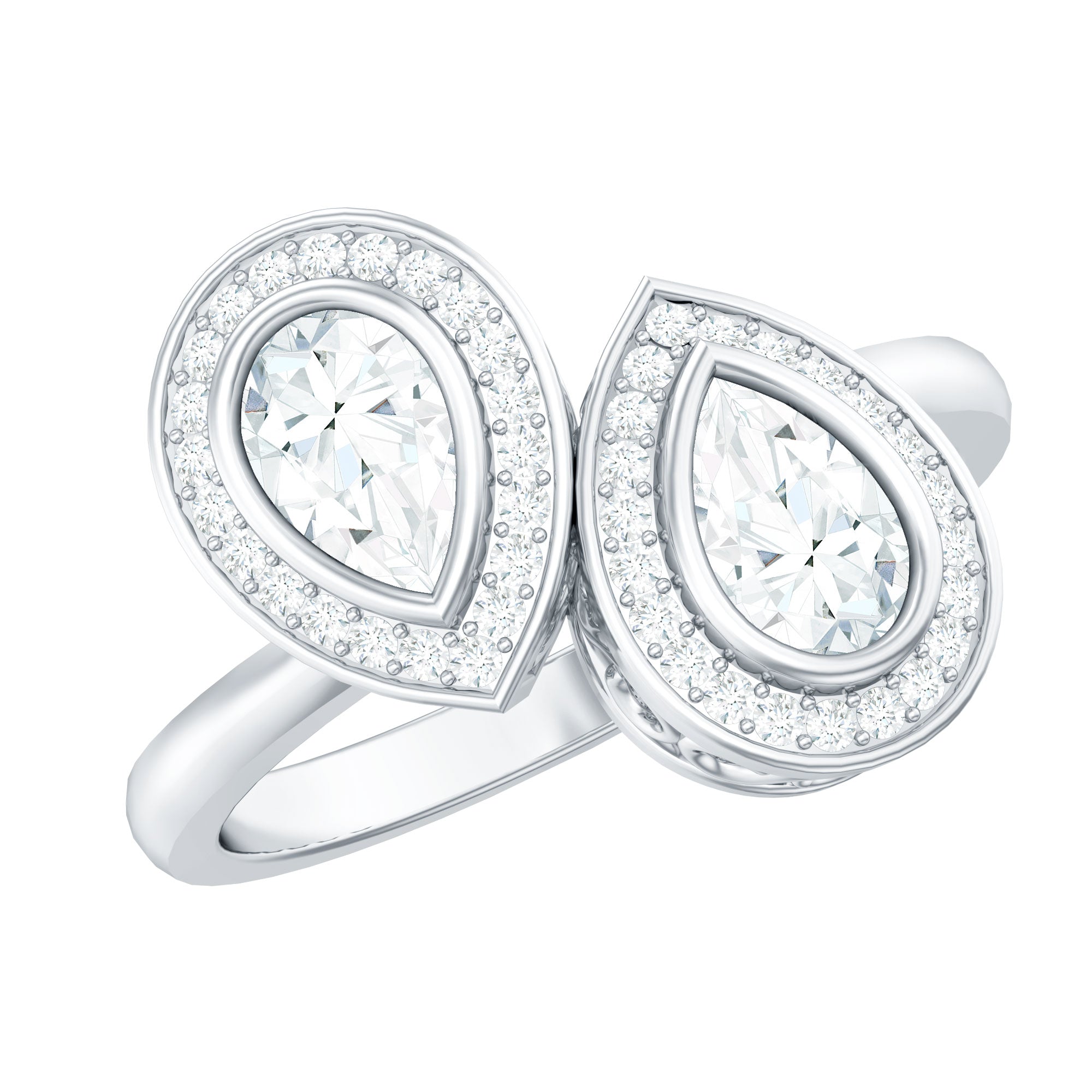 Pear Cut Moissanite Two Stone Engagement Ring with Halo D-VS1 - Rosec Jewels