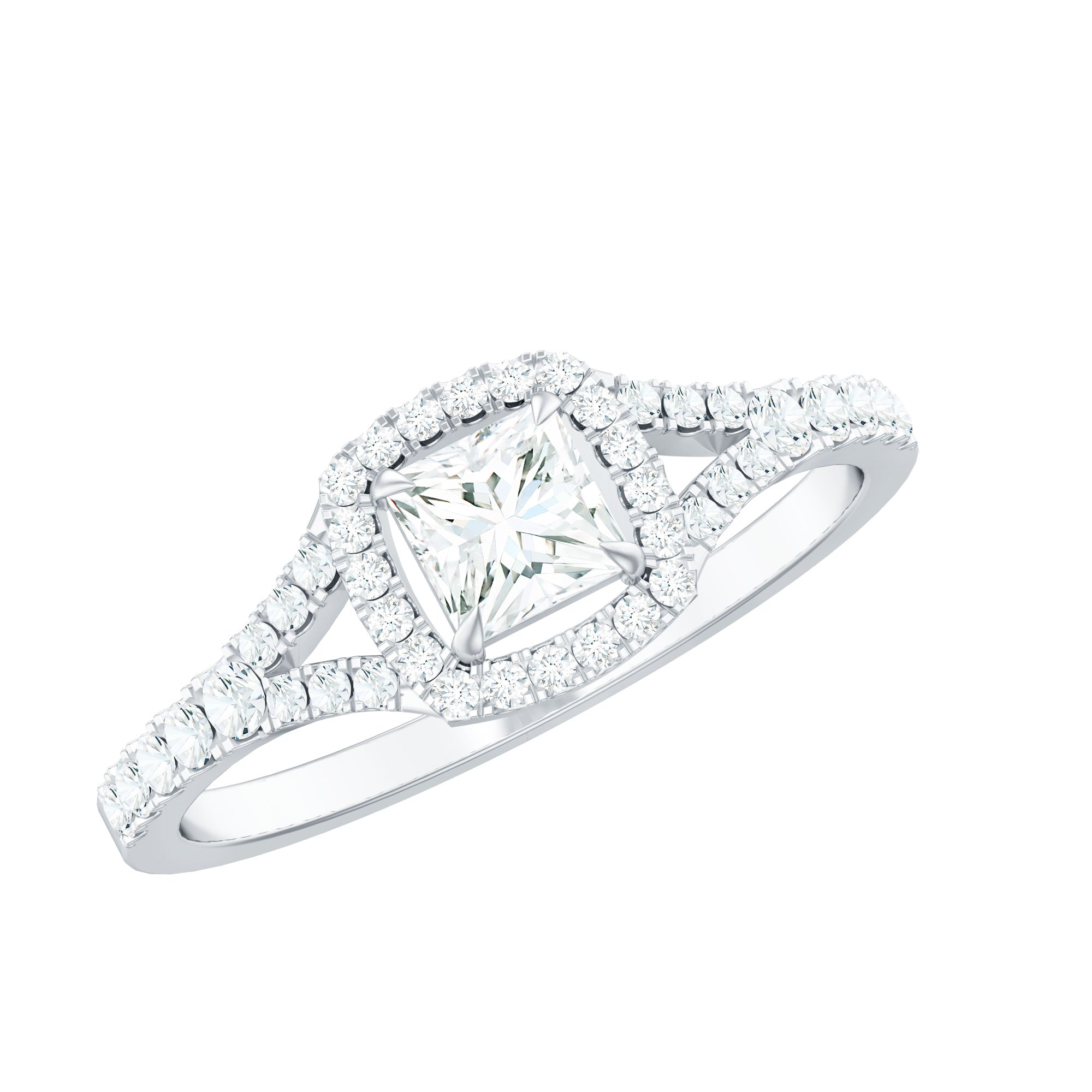Princess Cut Moissanite Halo Engagement Ring with Split Shank D-VS1 - Rosec Jewels