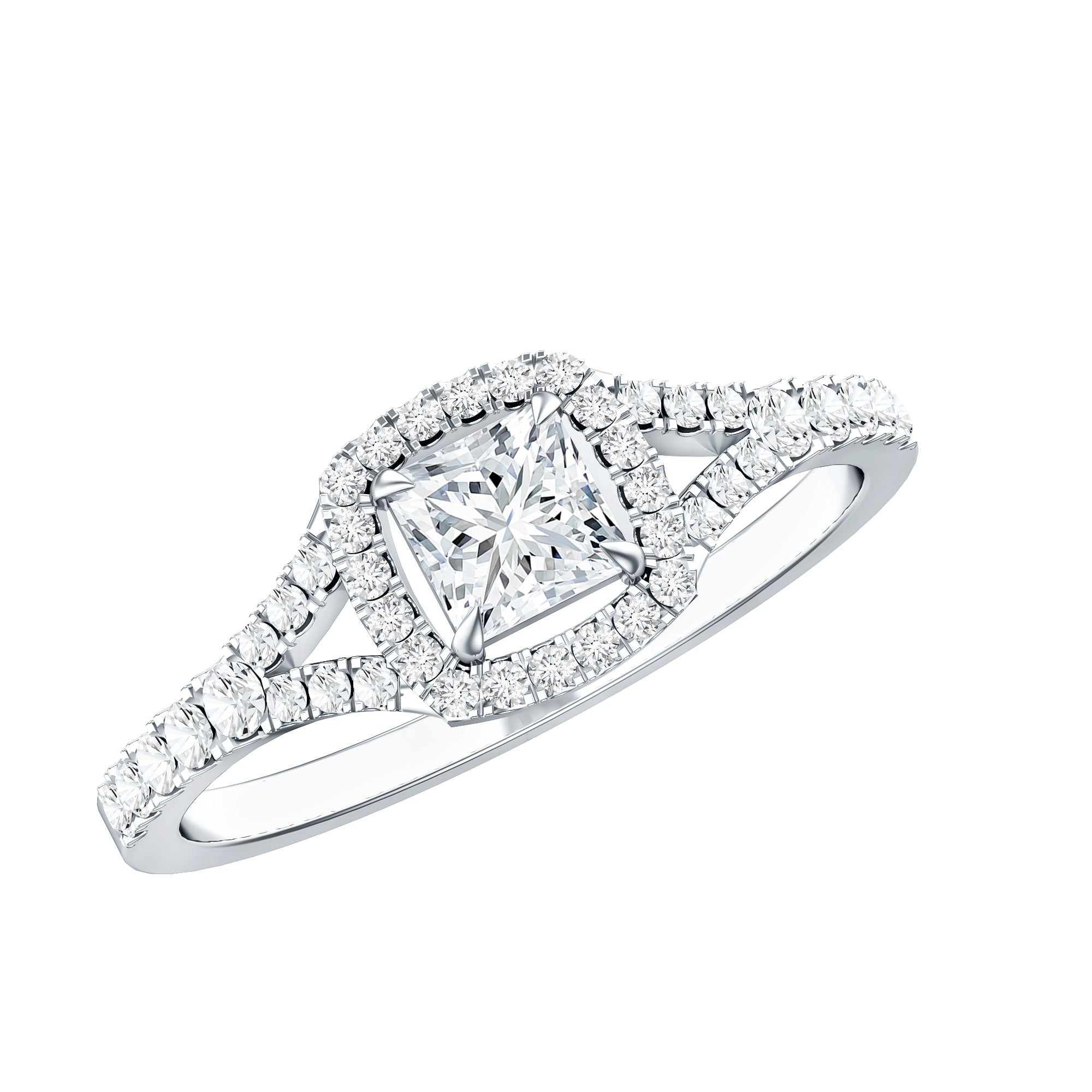 Princess Cut Moissanite Halo Engagement Ring with Split Shank D-VS1 - Rosec Jewels