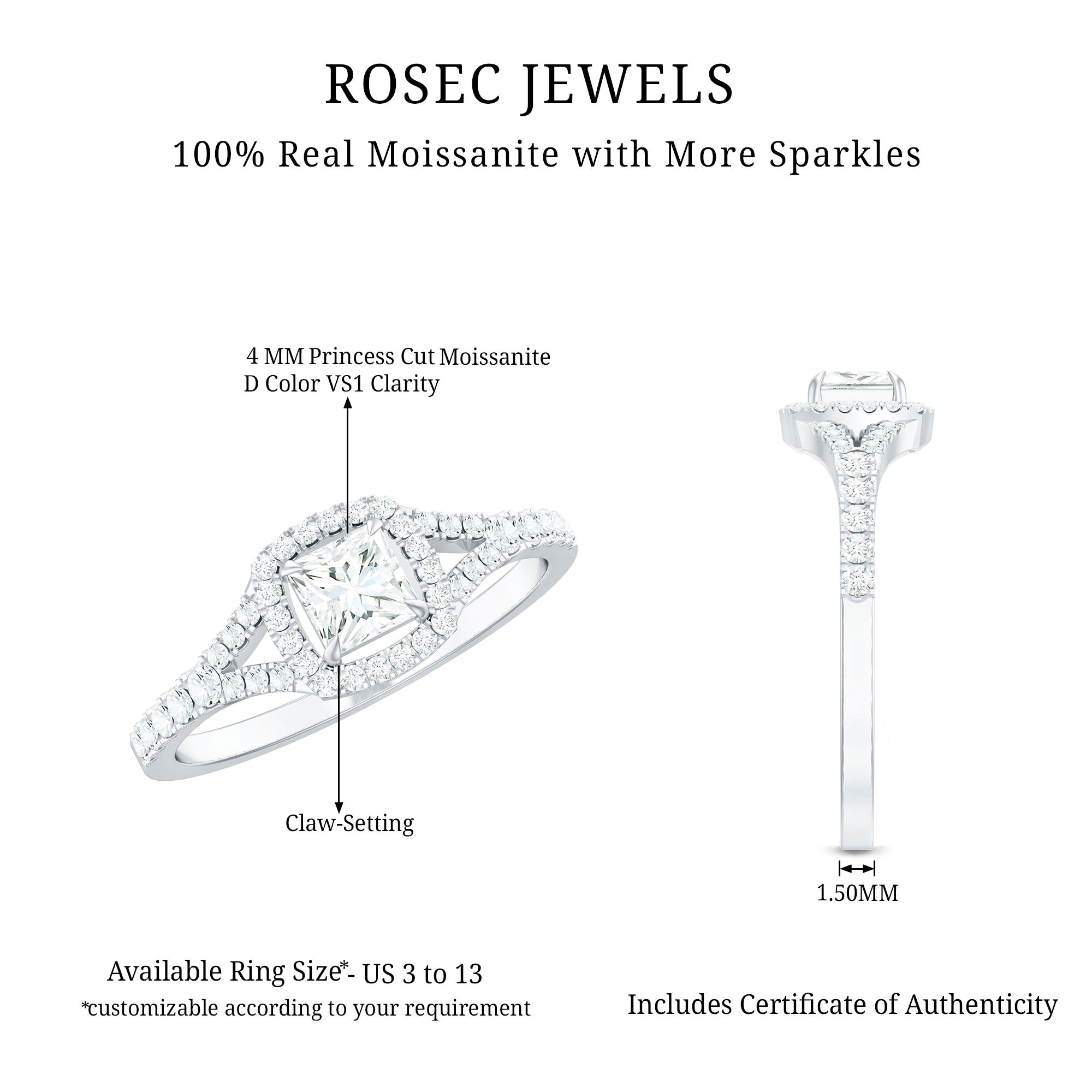 Princess Cut Moissanite Halo Engagement Ring with Split Shank D-VS1 - Rosec Jewels