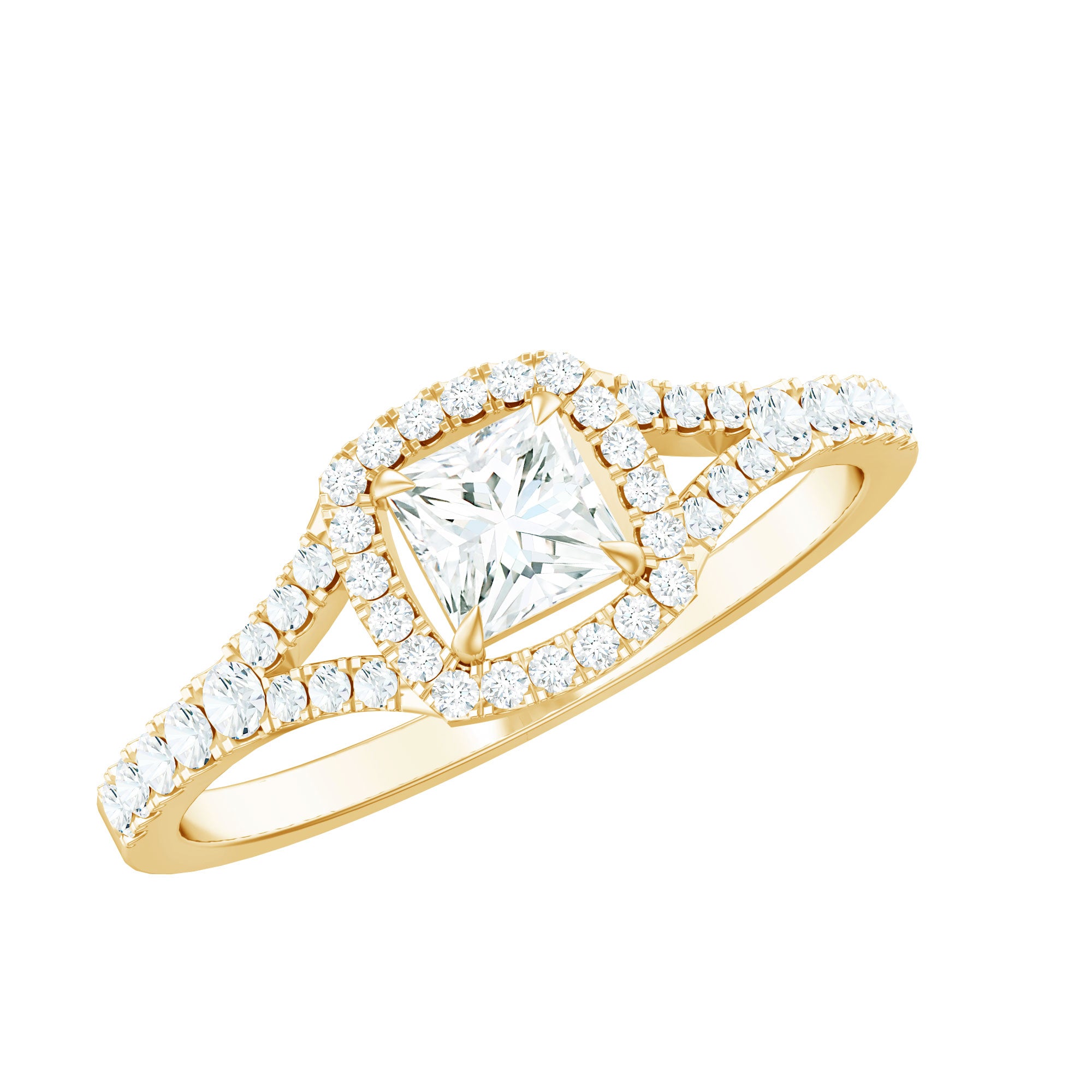 Princess Cut Moissanite Halo Engagement Ring with Split Shank D-VS1 - Rosec Jewels