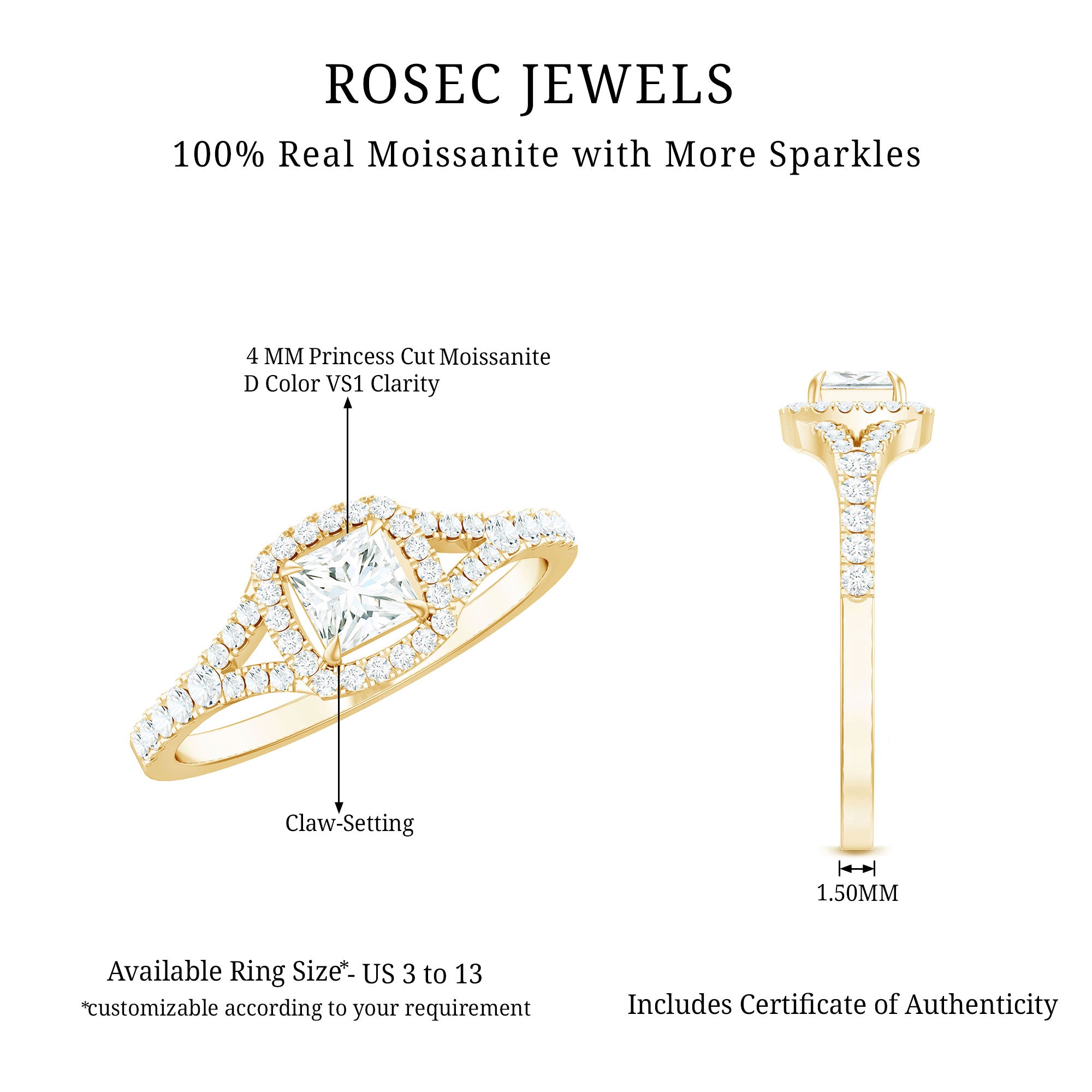 Princess Cut Moissanite Halo Engagement Ring with Split Shank D-VS1 - Rosec Jewels