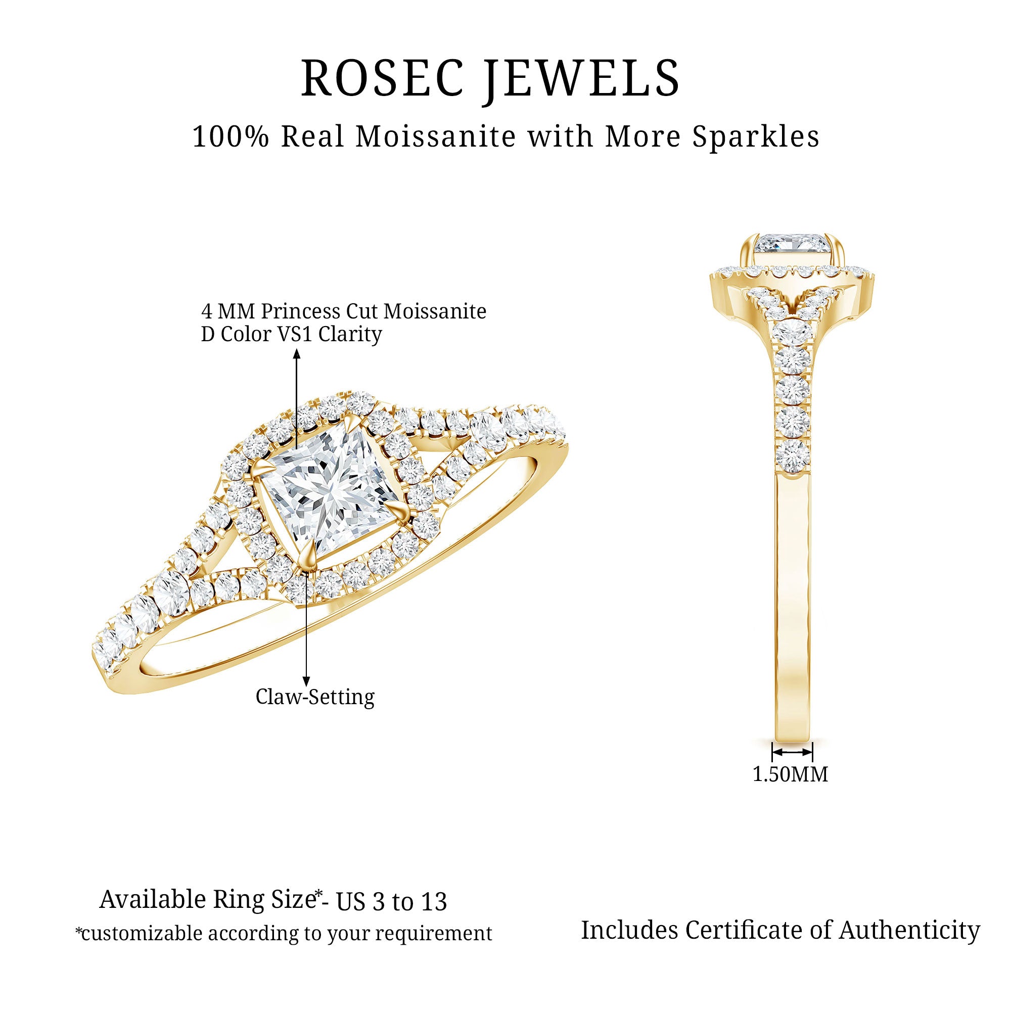 Princess Cut Moissanite Halo Engagement Ring with Split Shank D-VS1 - Rosec Jewels