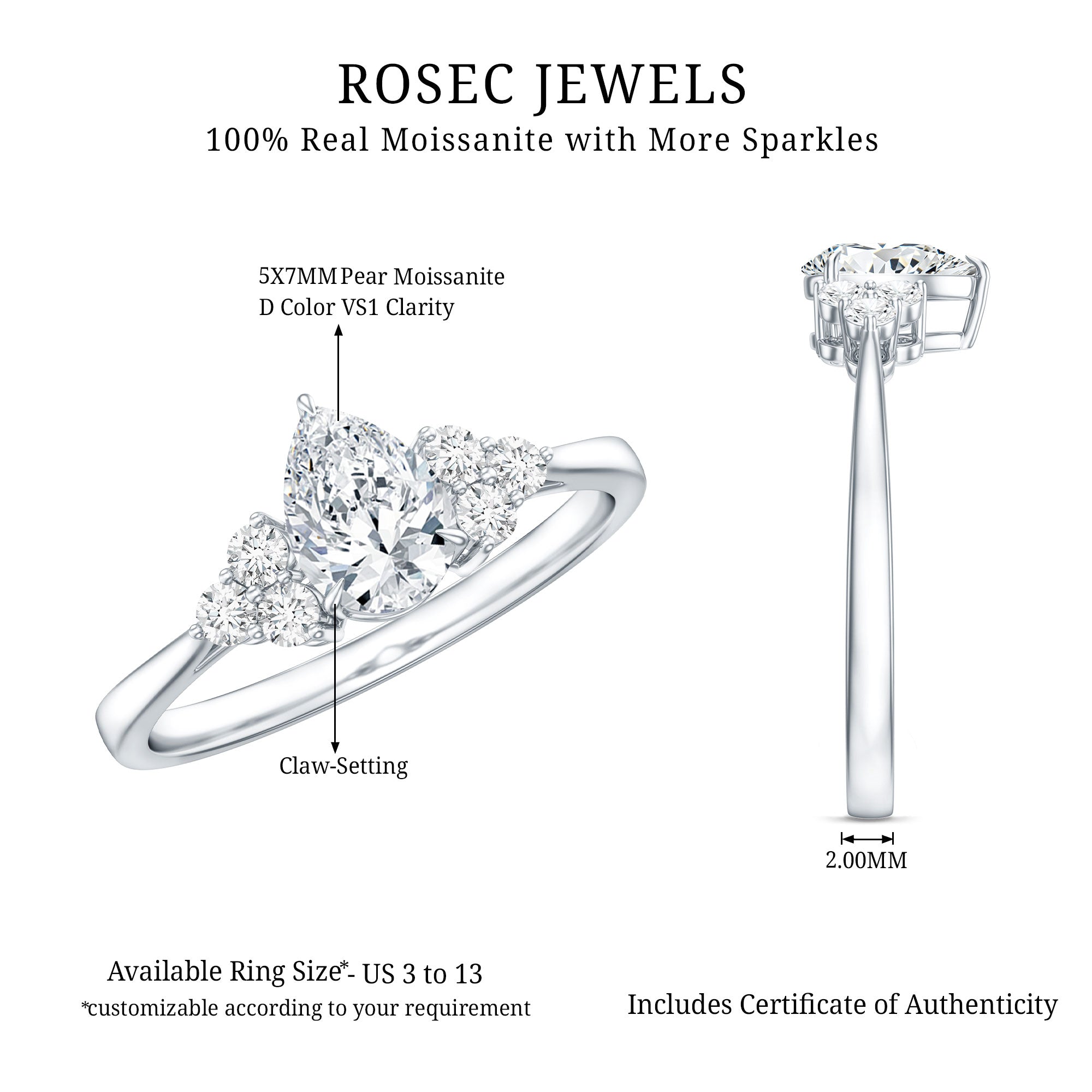 Brilliant Cut Moissanite Trio Engagement Ring For Women D-VS1 - Rosec Jewels