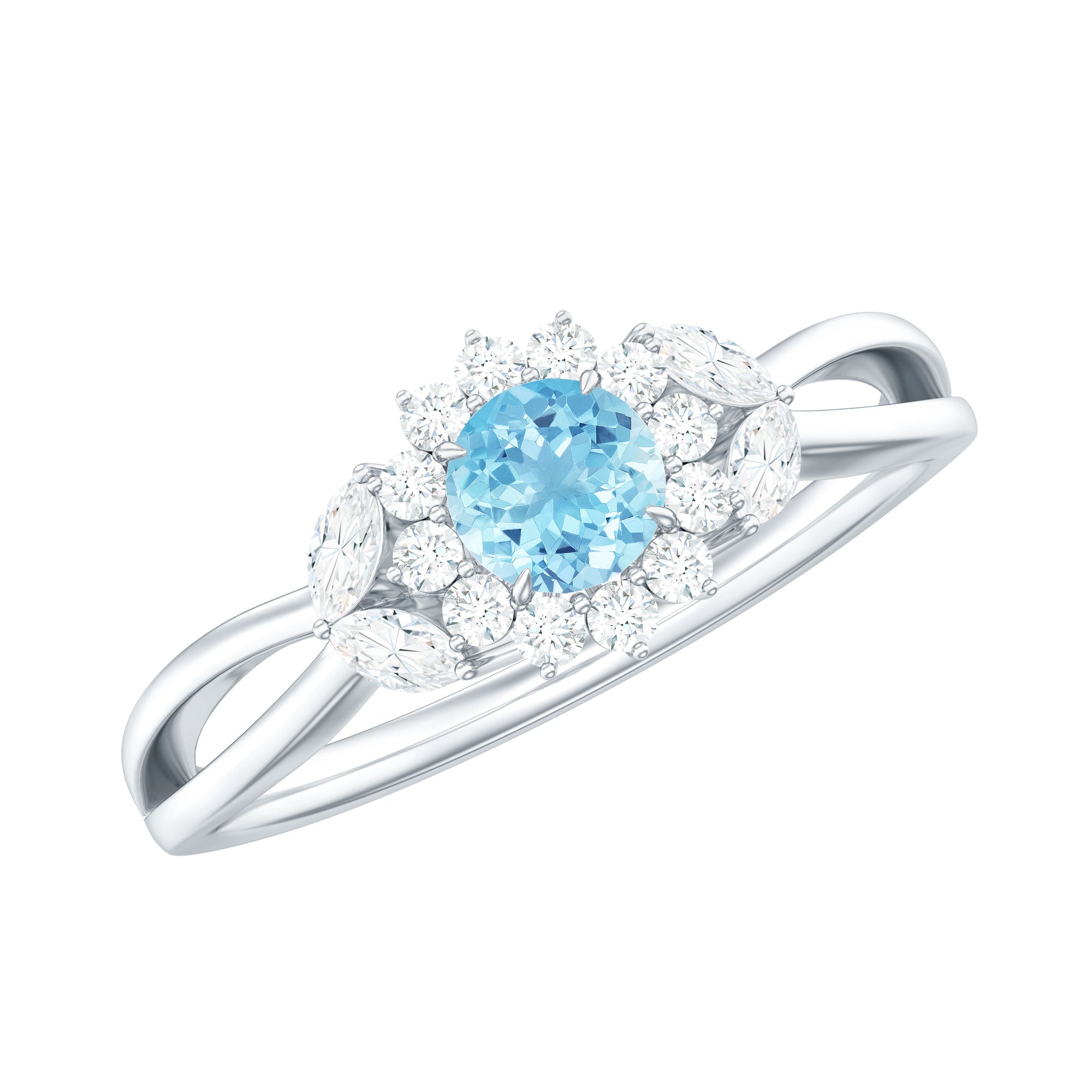 Natural Aquamarine Flower Promise Ring with Diamond