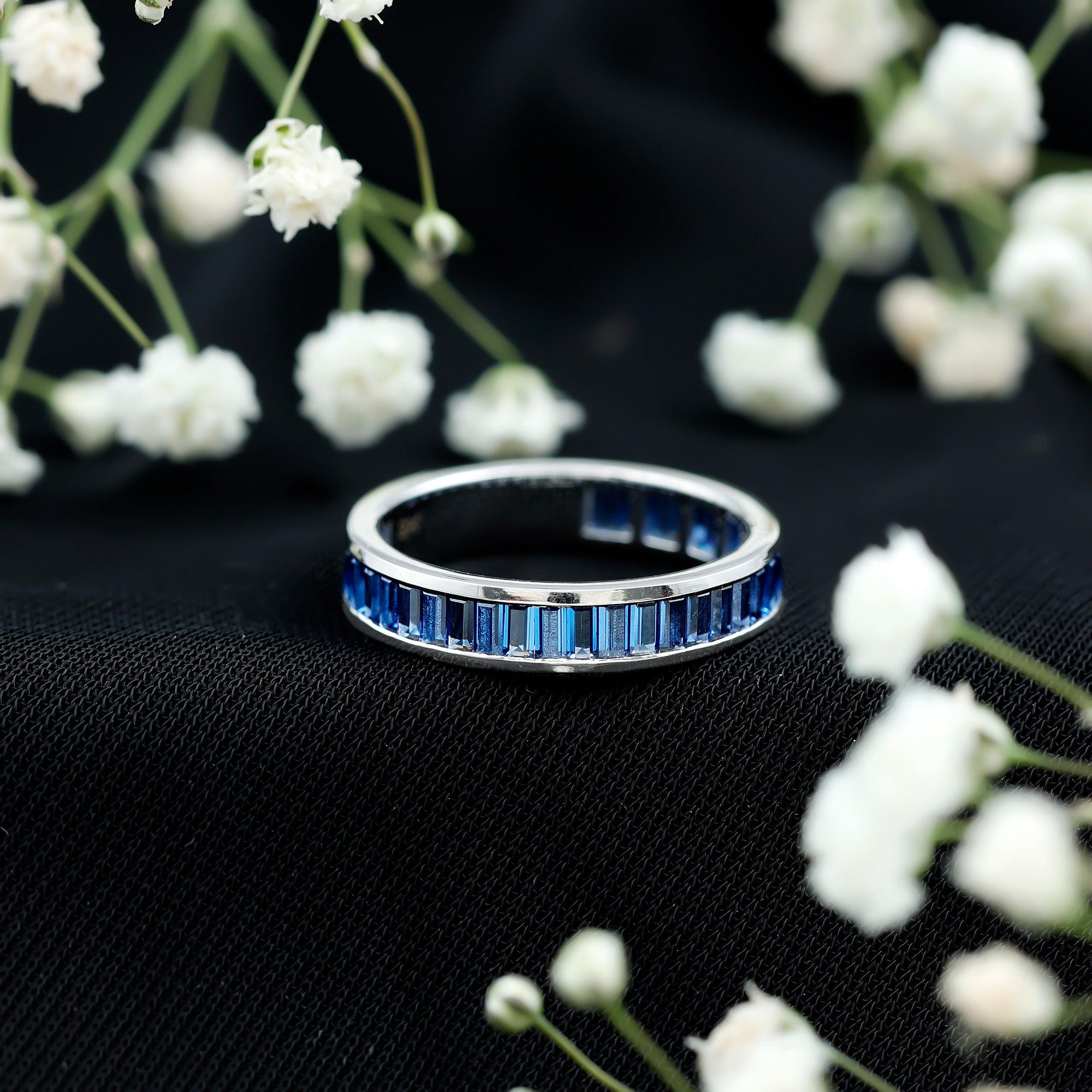 Certified Lab Grown Blue Sapphire Baguette Eternity Band Ring for Women AAAA - Rosec Jewels