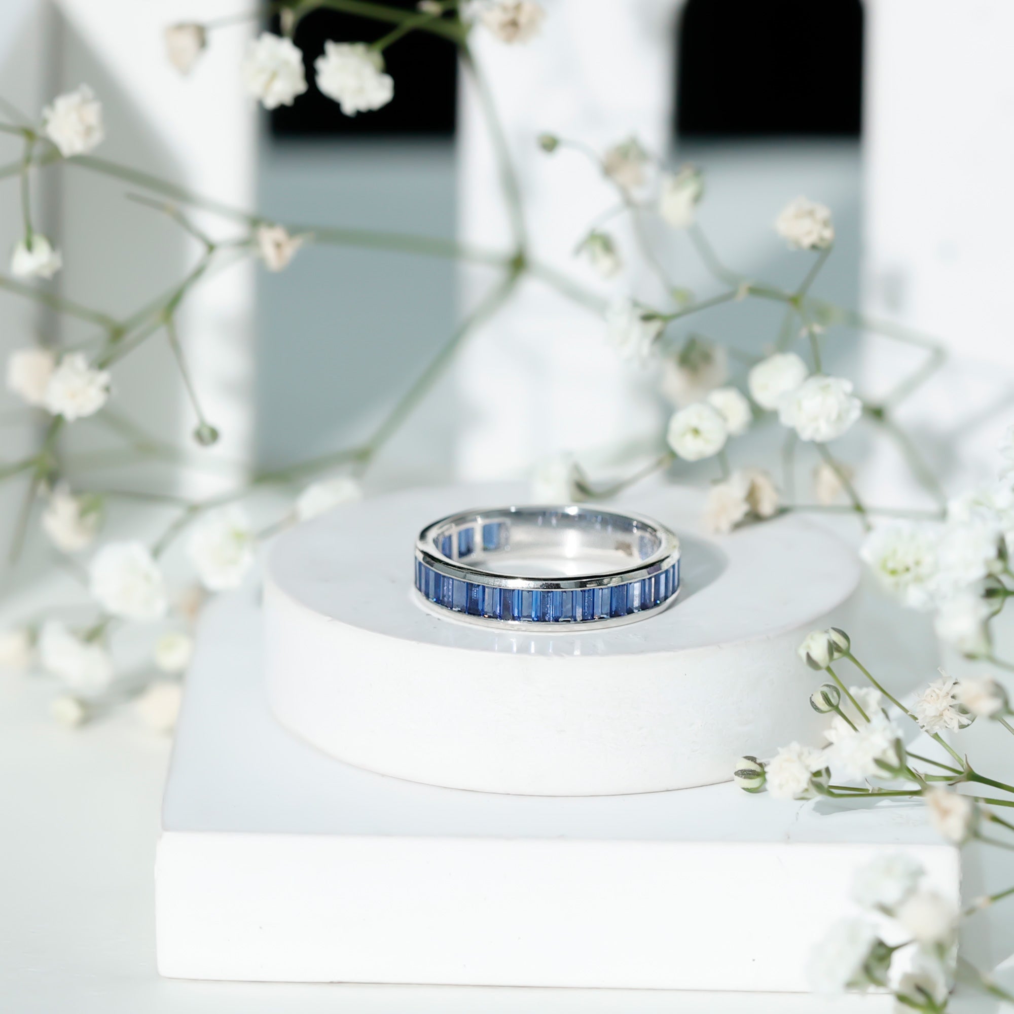 Certified Lab Grown Blue Sapphire Baguette Eternity Band Ring for Women AAAA - Rosec Jewels