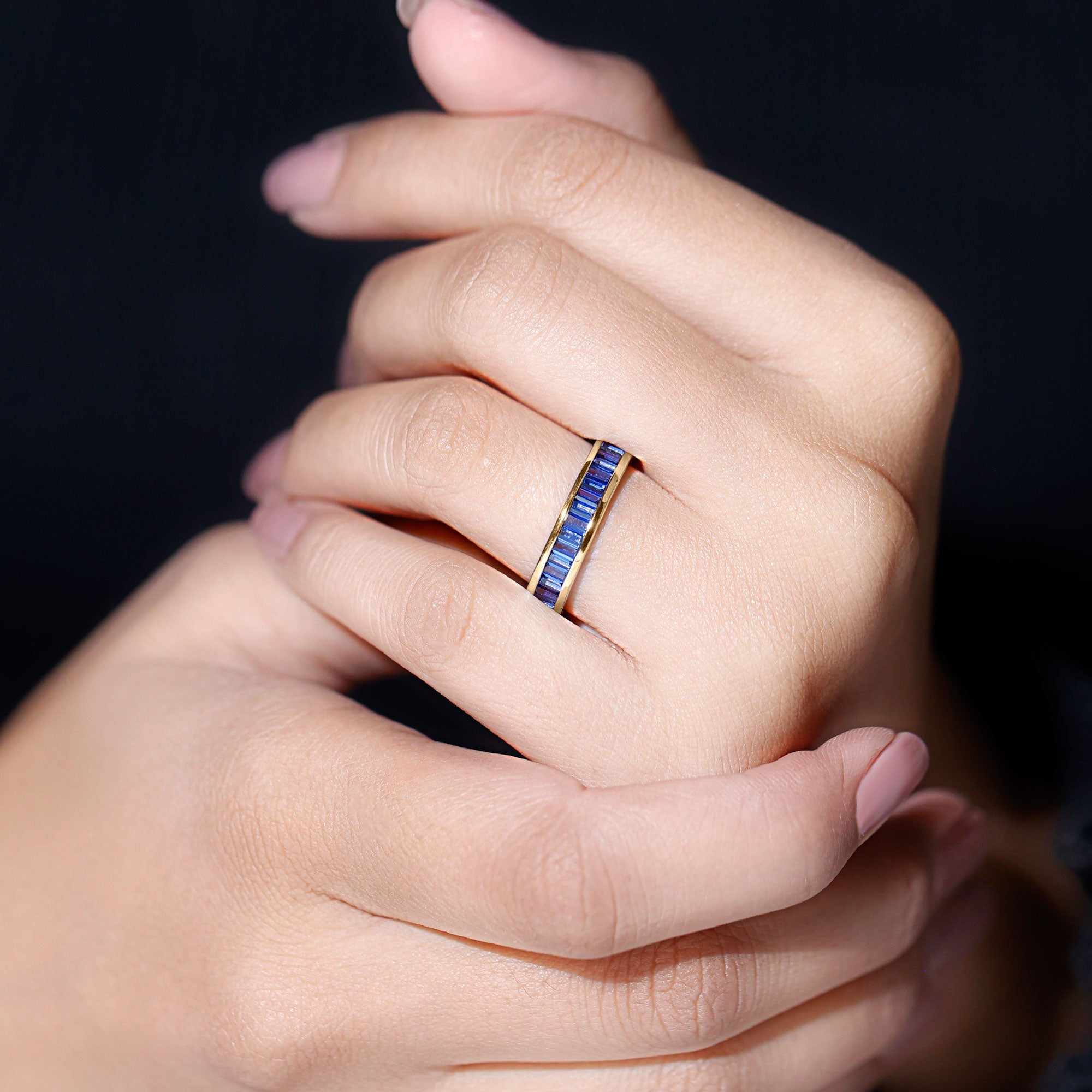 Certified Lab Grown Blue Sapphire Baguette Eternity Band Ring for Women AAAA - Rosec Jewels