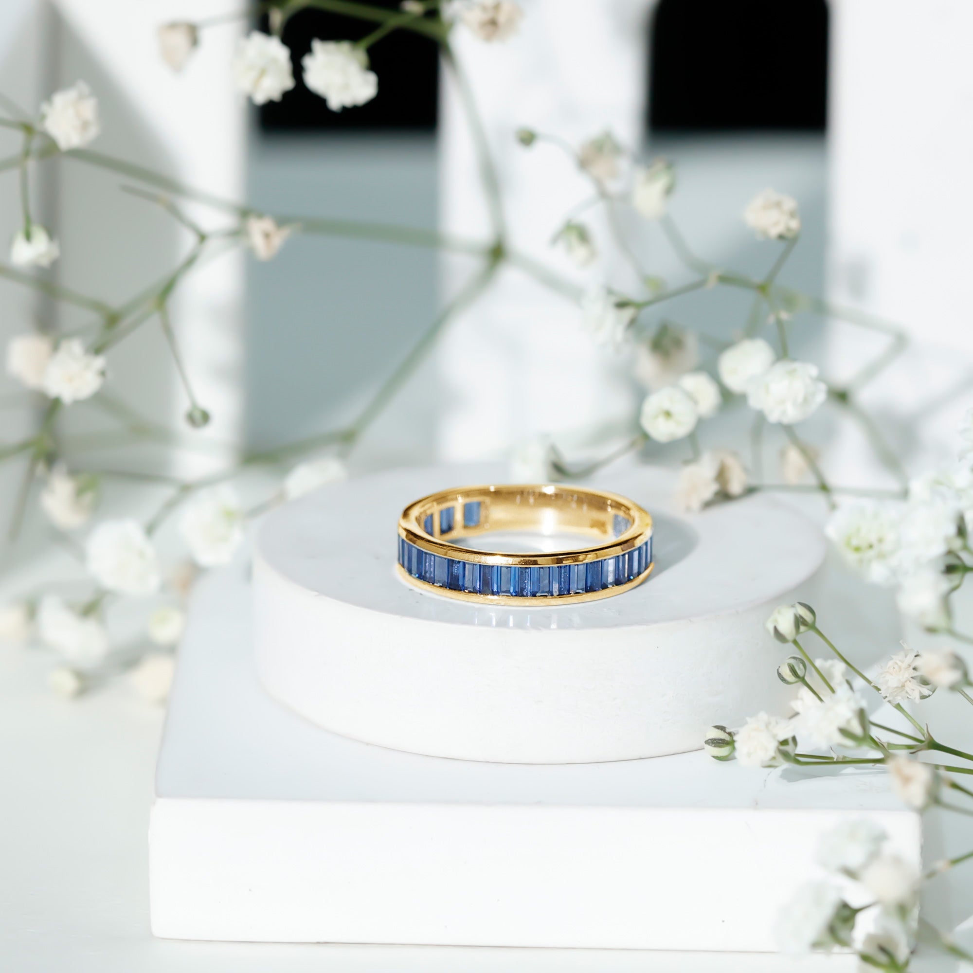Certified Lab Grown Blue Sapphire Baguette Eternity Band Ring for Women AAAA - Rosec Jewels