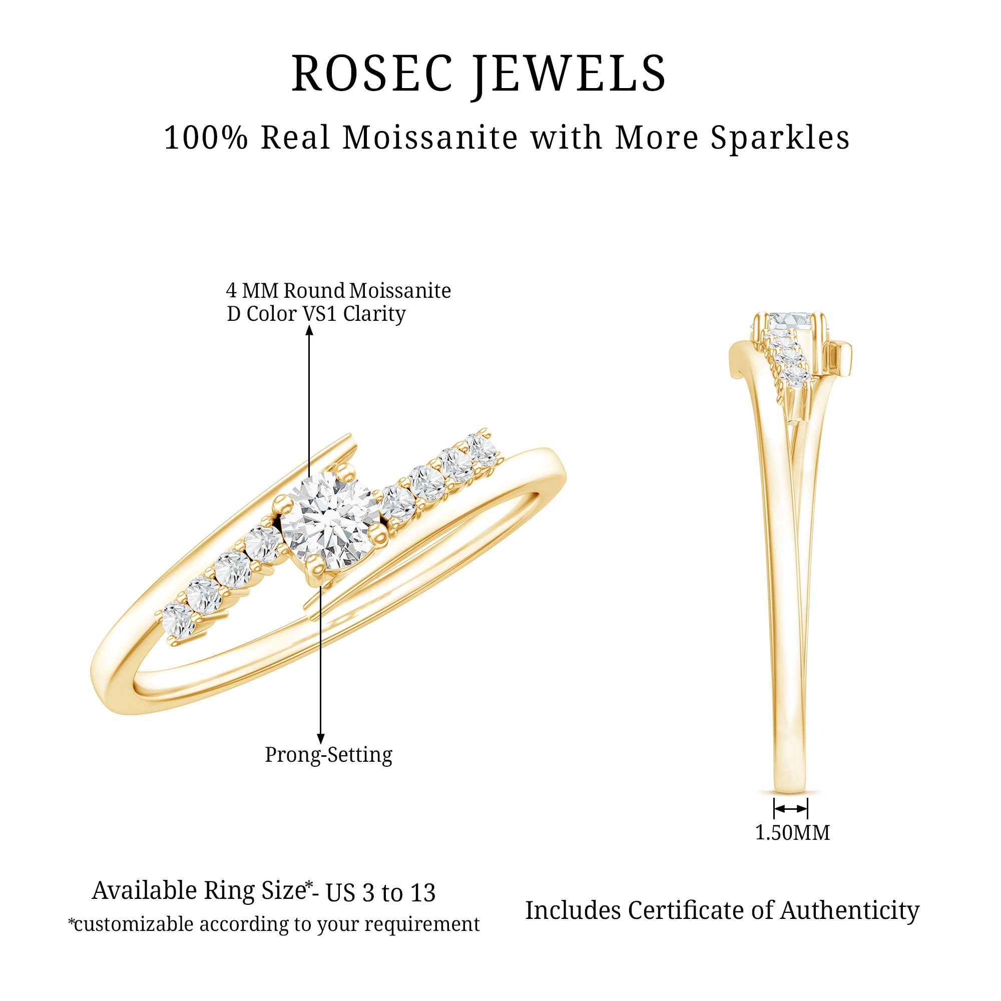 Round Cut Moissanite Promise Ring with Bypass Shank D-VS1 - Rosec Jewels