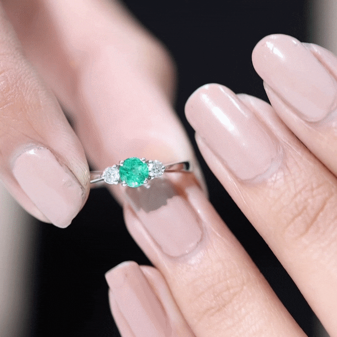 Round Shaped Real Emerald and Diamond Three Stone Promise Ring AAA - Rosec Jewels