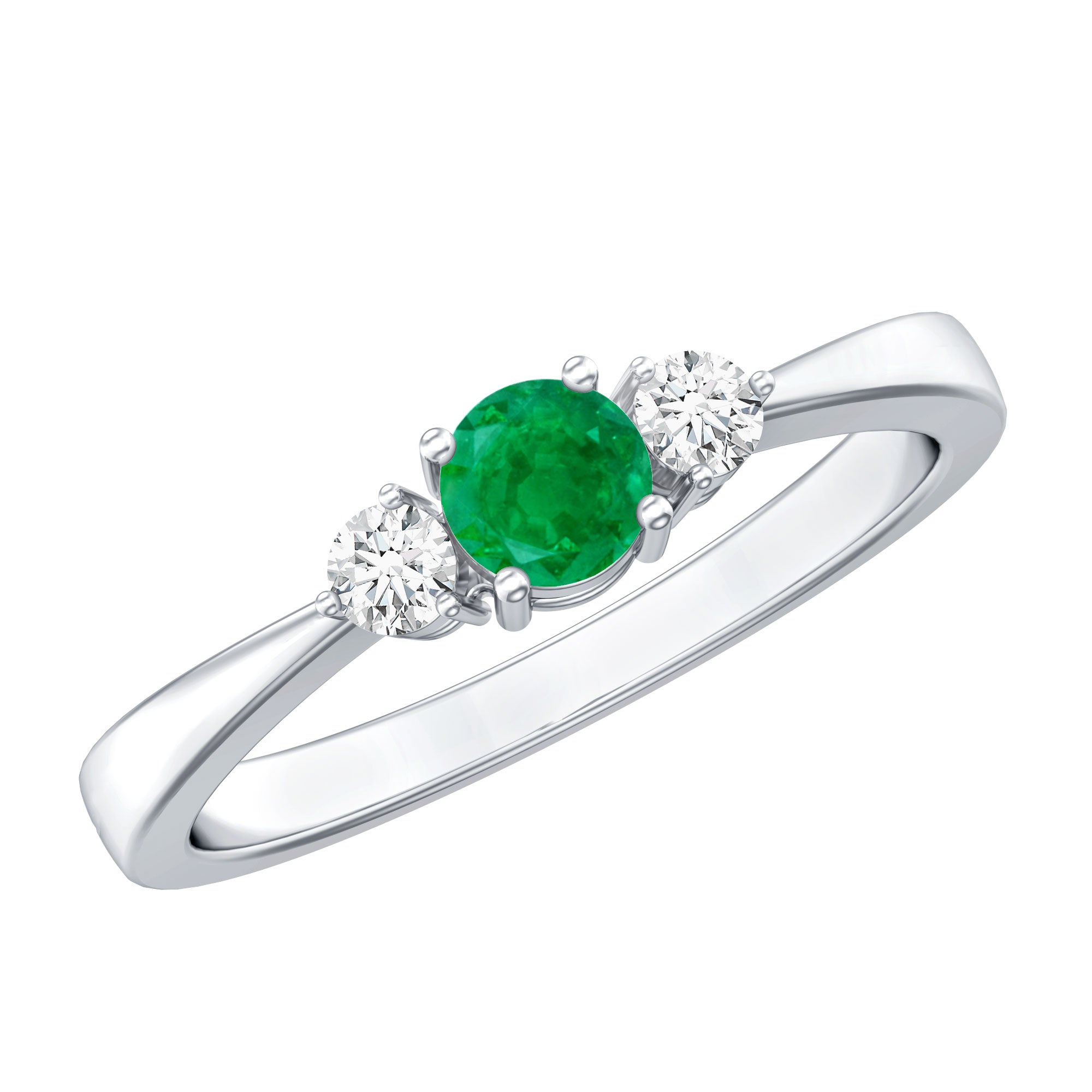 Round Shaped Real Emerald and Diamond Three Stone Promise Ring