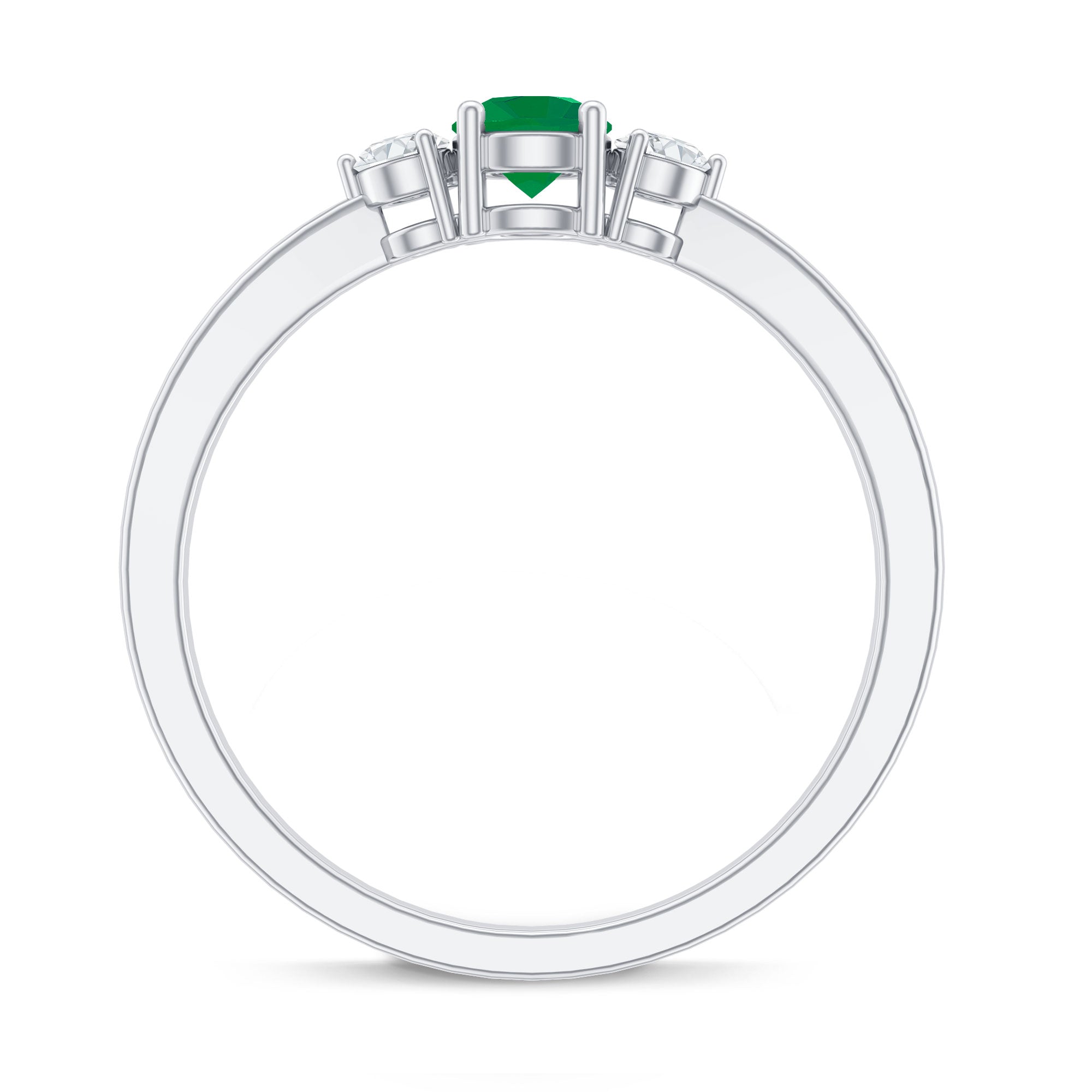 Round Shaped Real Emerald and Diamond Three Stone Promise Ring AAA - Rosec Jewels