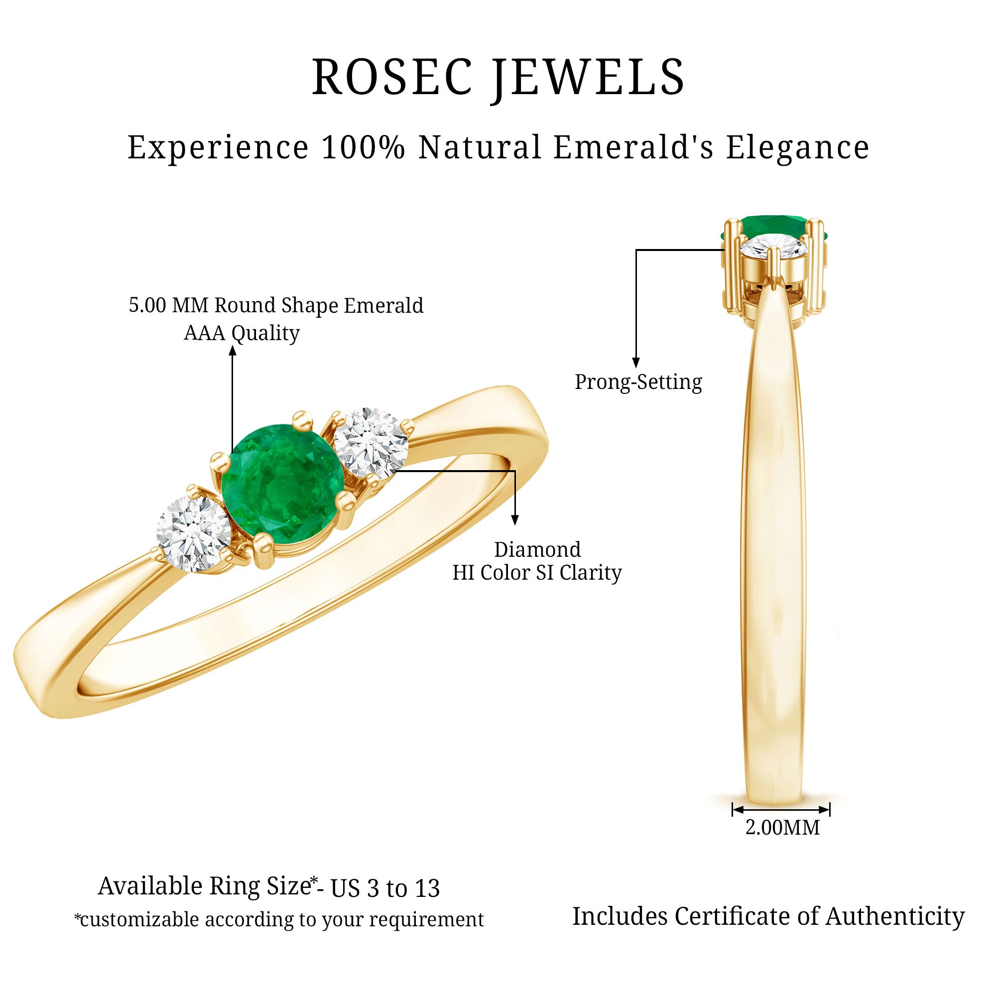 Round Shaped Real Emerald and Diamond Three Stone Promise Ring AAA - Rosec Jewels