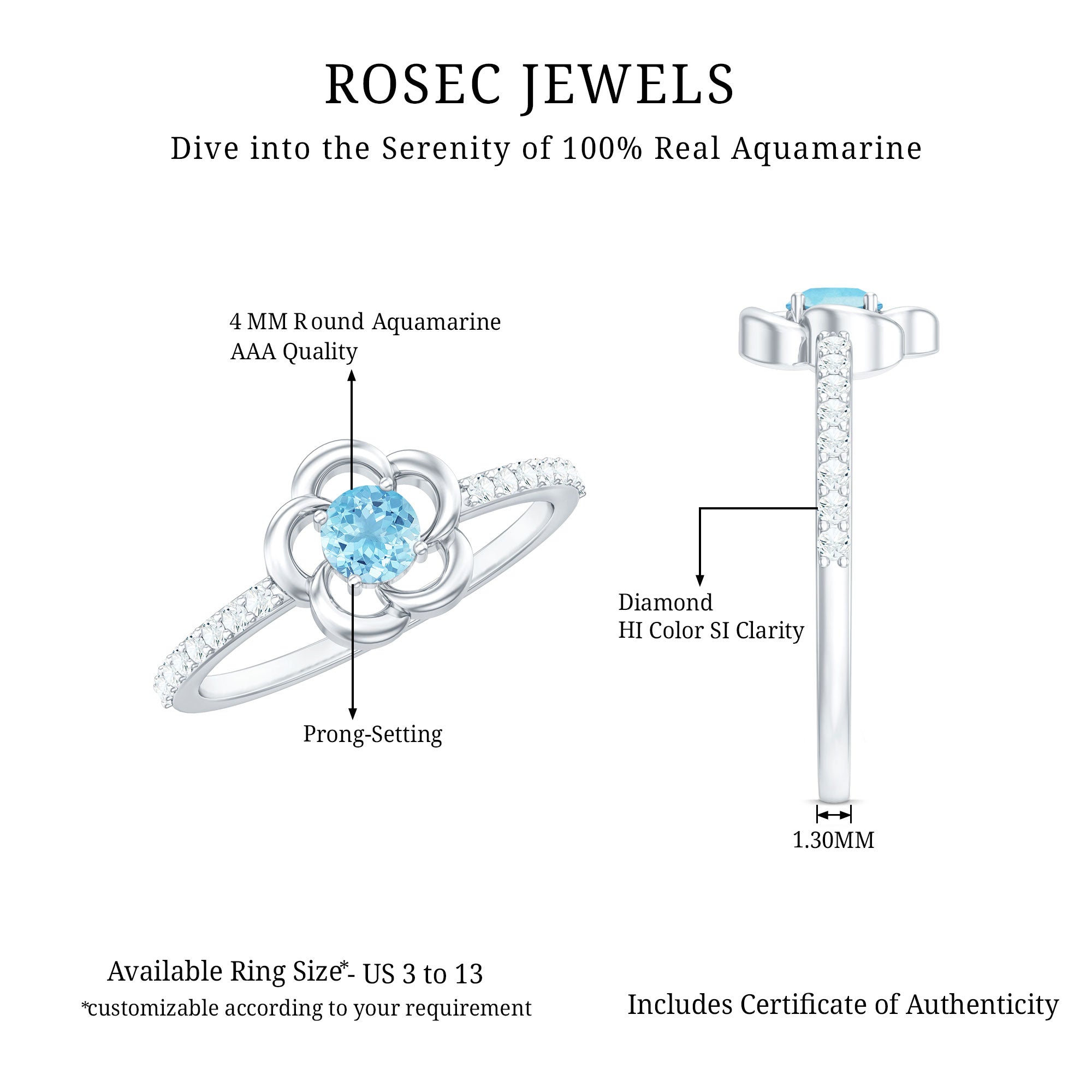 Natural Aquamarine Diamond Flower Promise Ring with Certificate AAA - Rosec Jewels