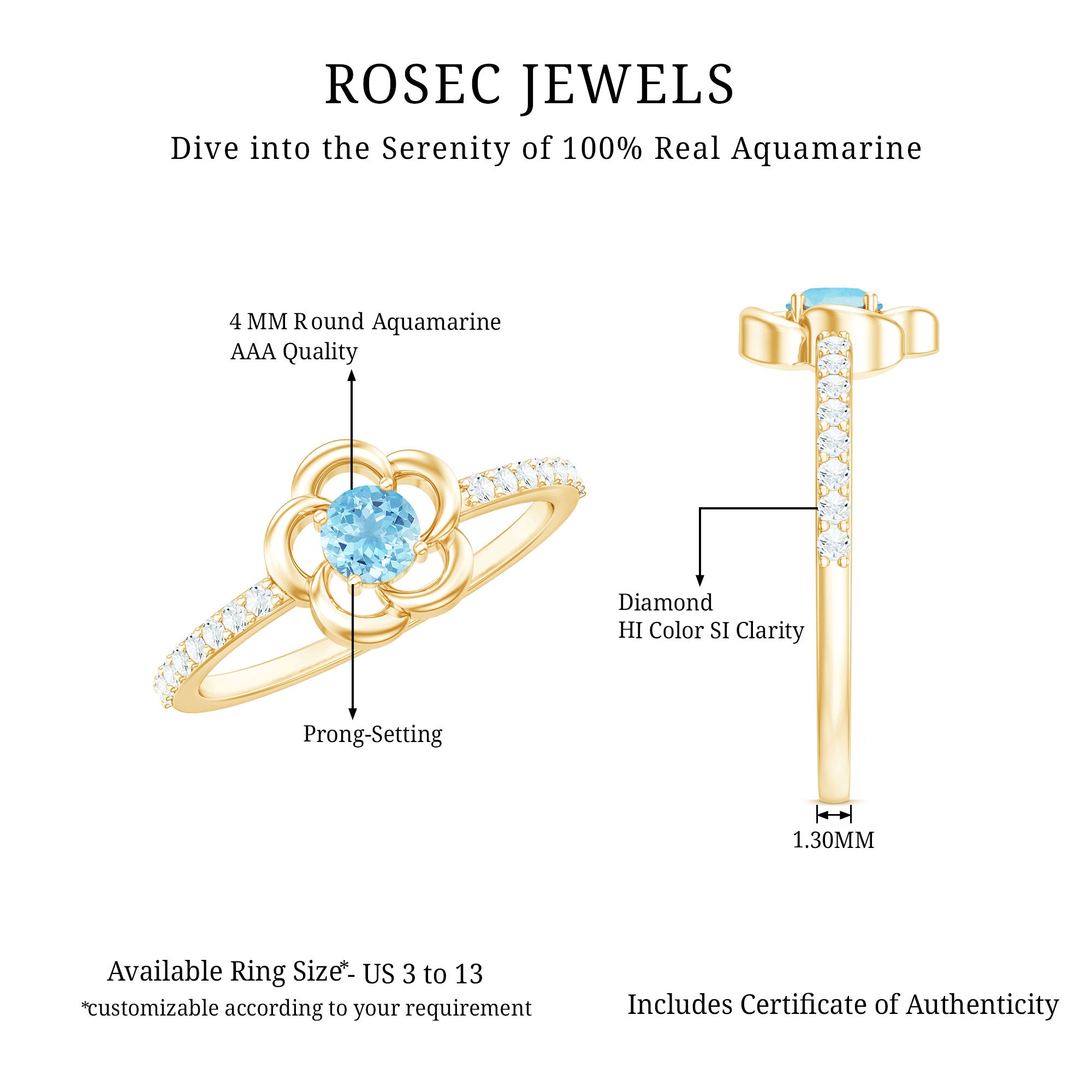 Natural Aquamarine Diamond Flower Promise Ring with Certificate AAA - Rosec Jewels