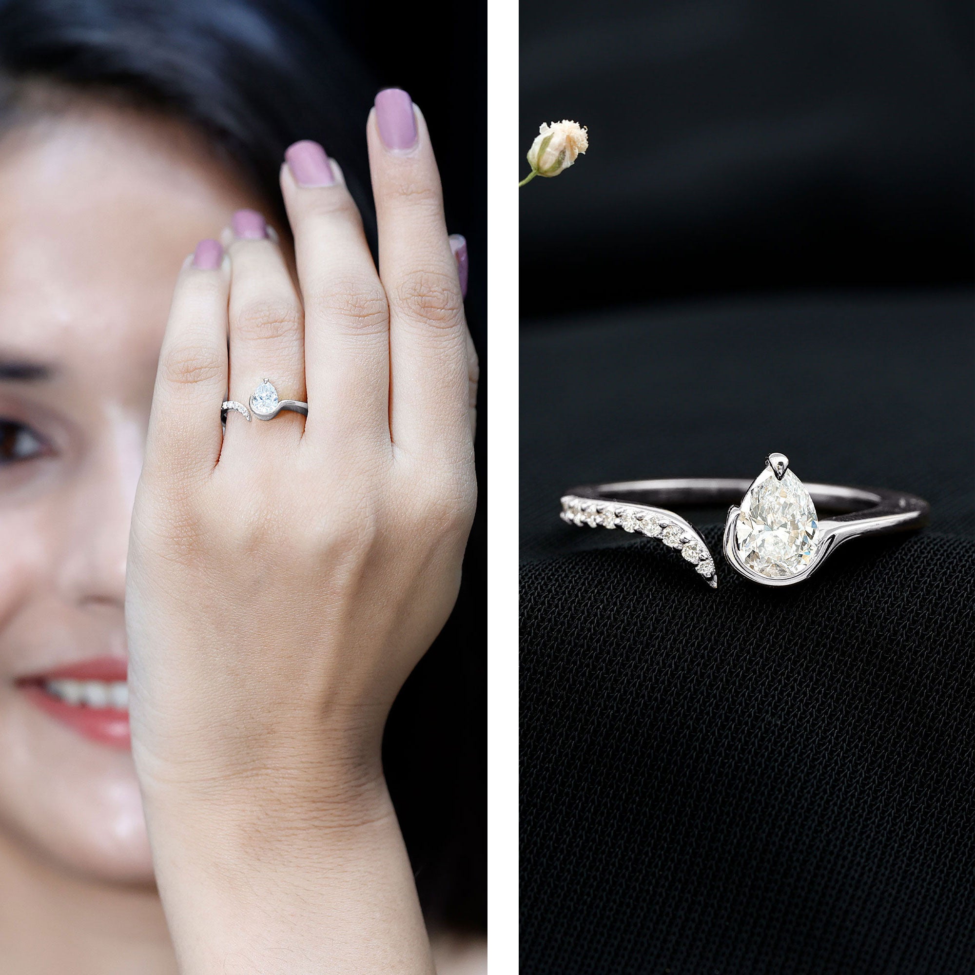 Pear Shaped Moissanite Cuff Ring for Women D-VS1 - Rosec Jewels