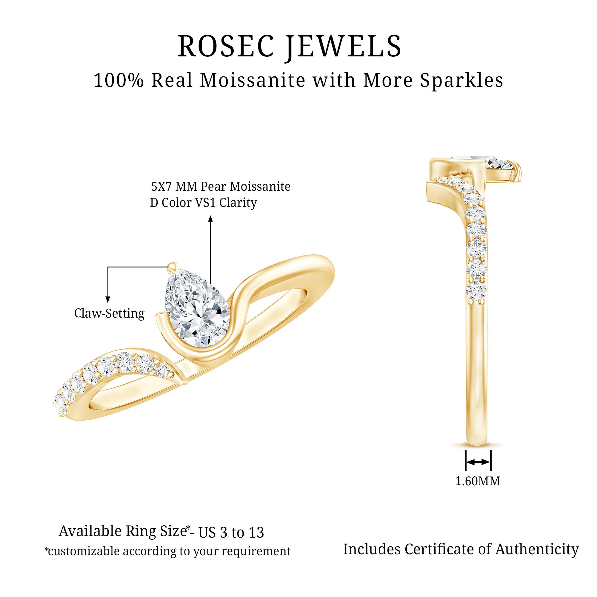 Pear Shaped Moissanite Cuff Ring for Women D-VS1 - Rosec Jewels