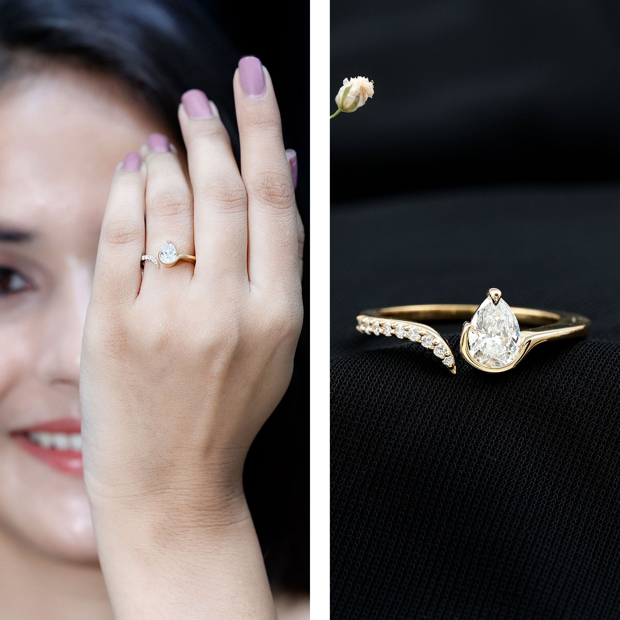 Pear Shaped Moissanite Cuff Ring for Women D-VS1 - Rosec Jewels