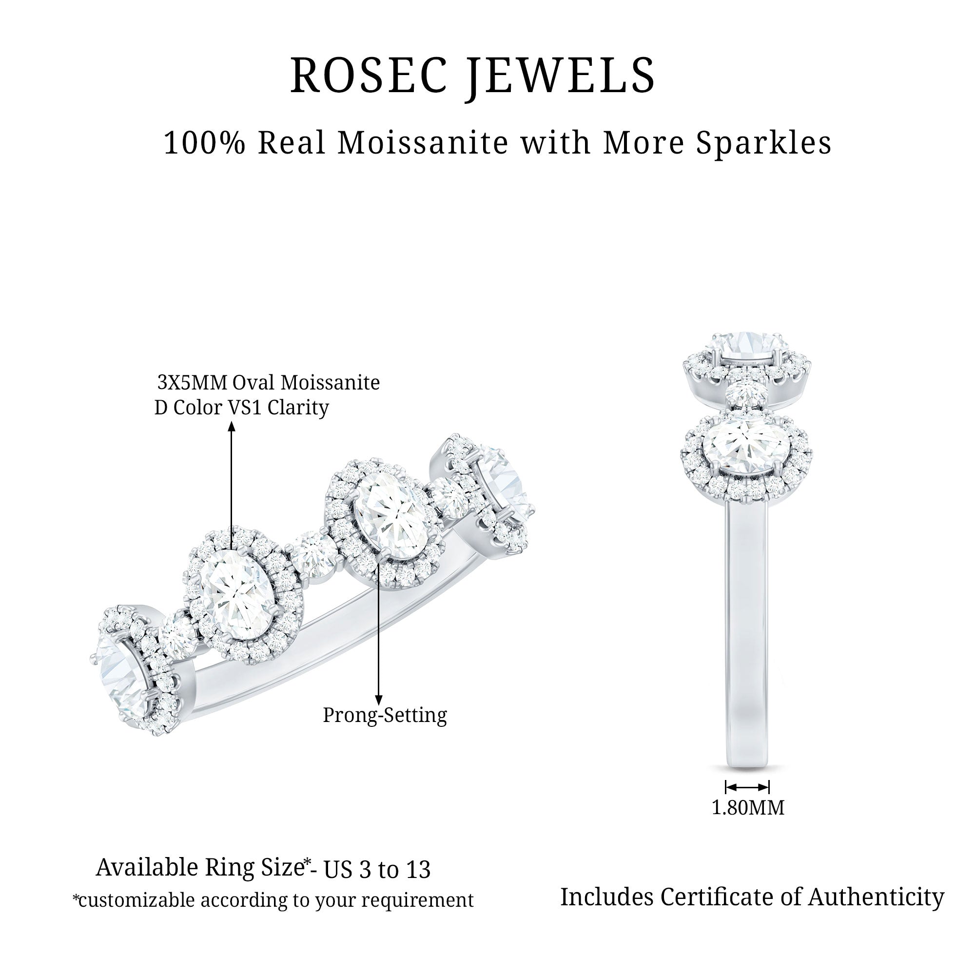 Designer Moissanite Anniversary Ring with Certificate D-VS1 - Rosec Jewels