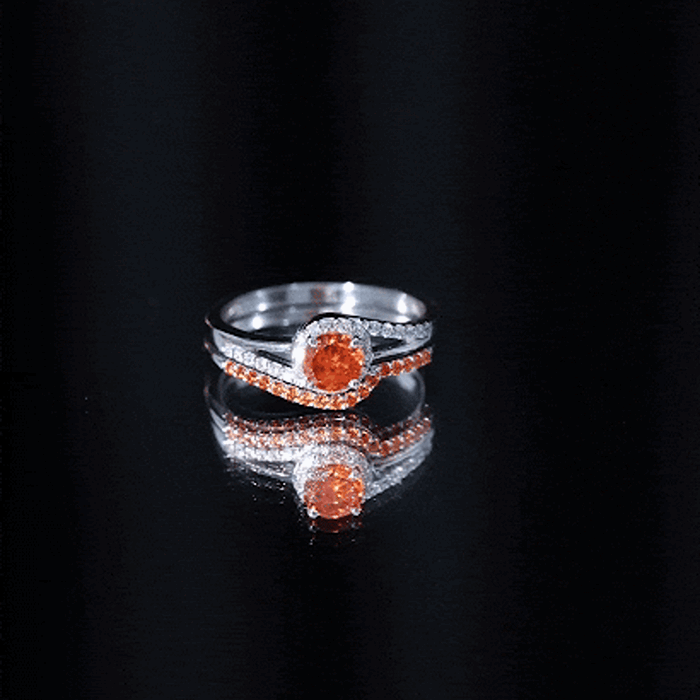 Certified Lab Grown Orange Sapphire Engagement Ring with Diamond Wedding Band AAAA - Rosec Jewels
