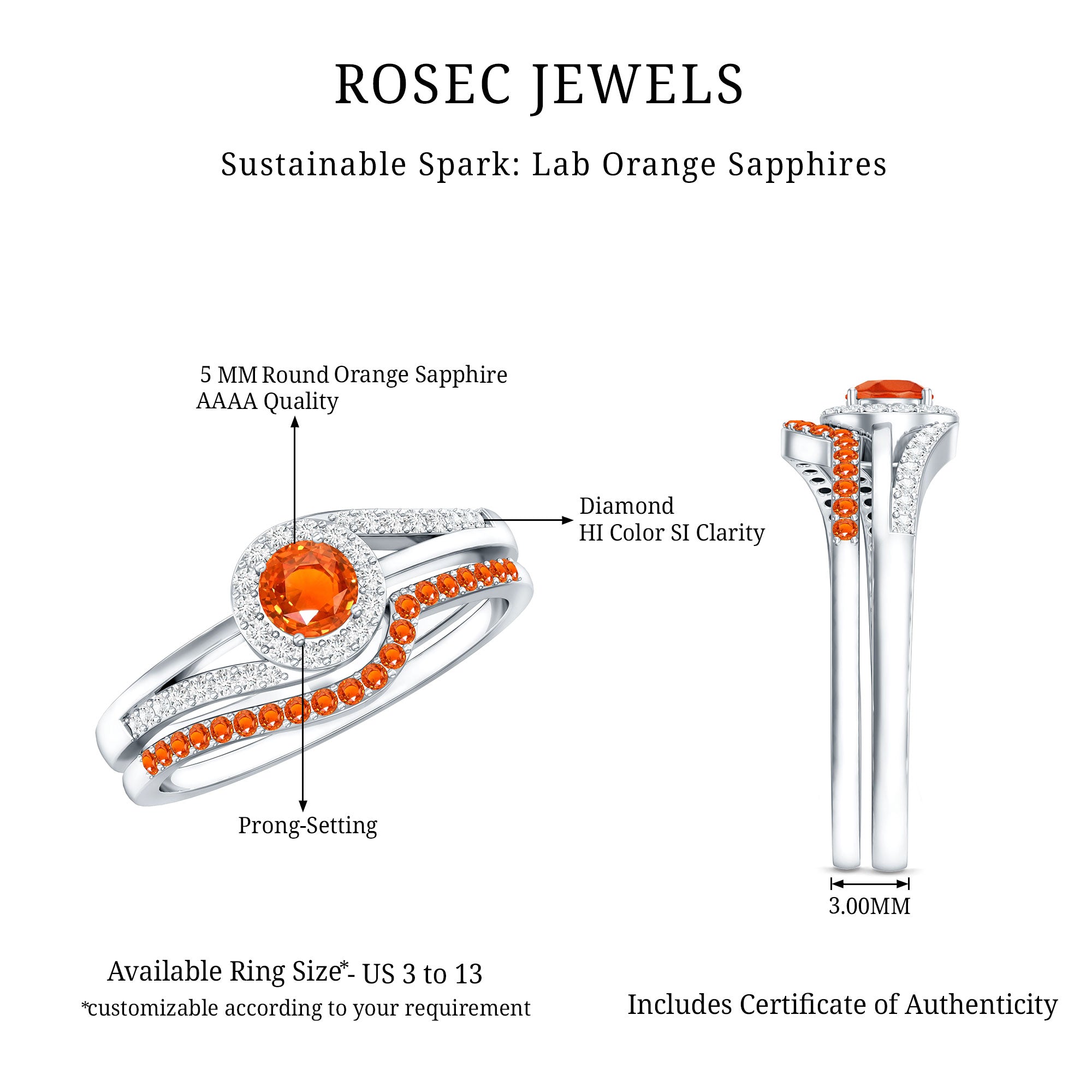 Certified Lab Grown Orange Sapphire Engagement Ring with Diamond Wedding Band AAAA - Rosec Jewels