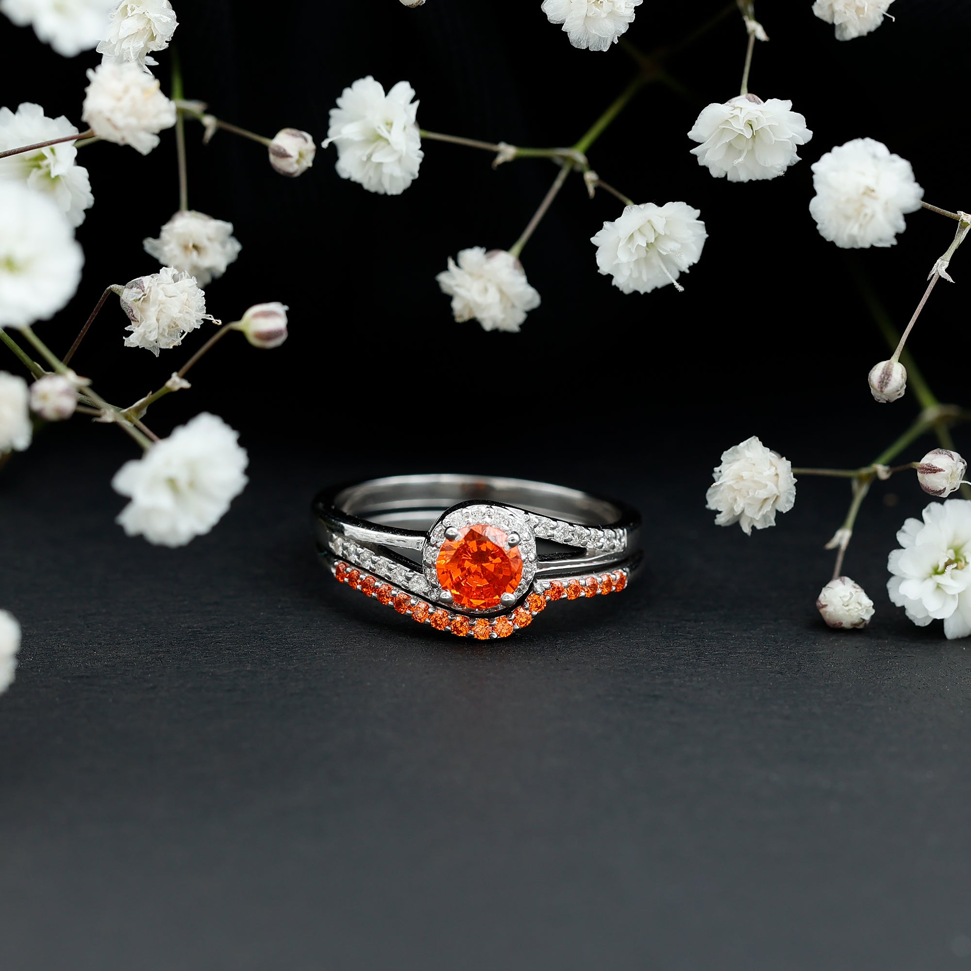 Certified Lab Grown Orange Sapphire Engagement Ring with Diamond Wedding Band AAAA - Rosec Jewels