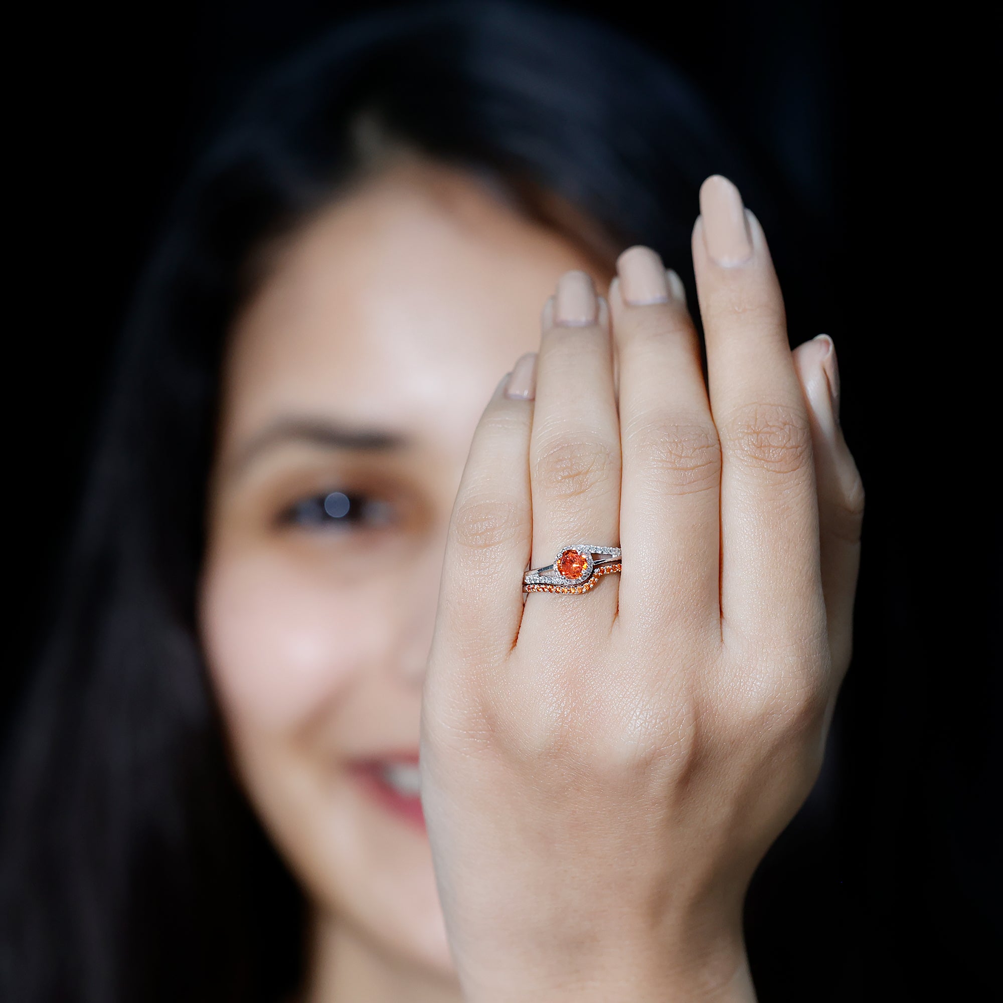 Certified Lab Grown Orange Sapphire Engagement Ring with Diamond Wedding Band AAAA - Rosec Jewels