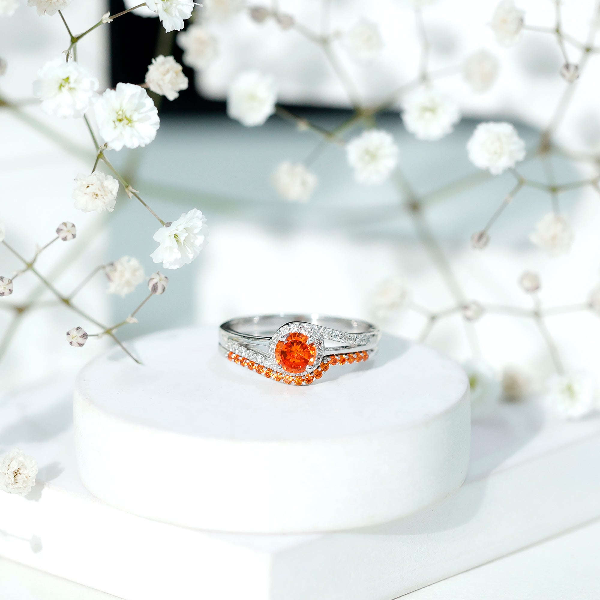 Certified Lab Grown Orange Sapphire Engagement Ring with Diamond Wedding Band AAAA - Rosec Jewels
