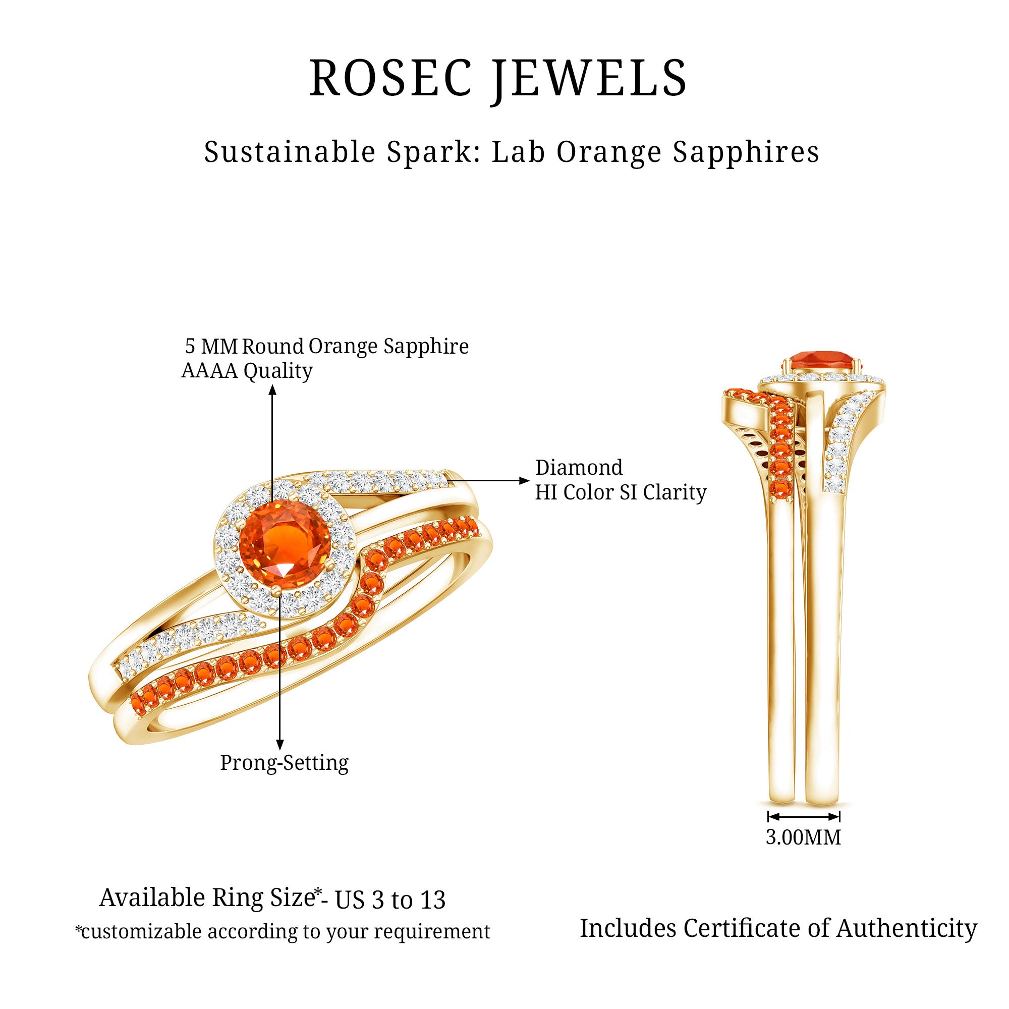 Certified Lab Grown Orange Sapphire Engagement Ring with Diamond Wedding Band AAAA - Rosec Jewels