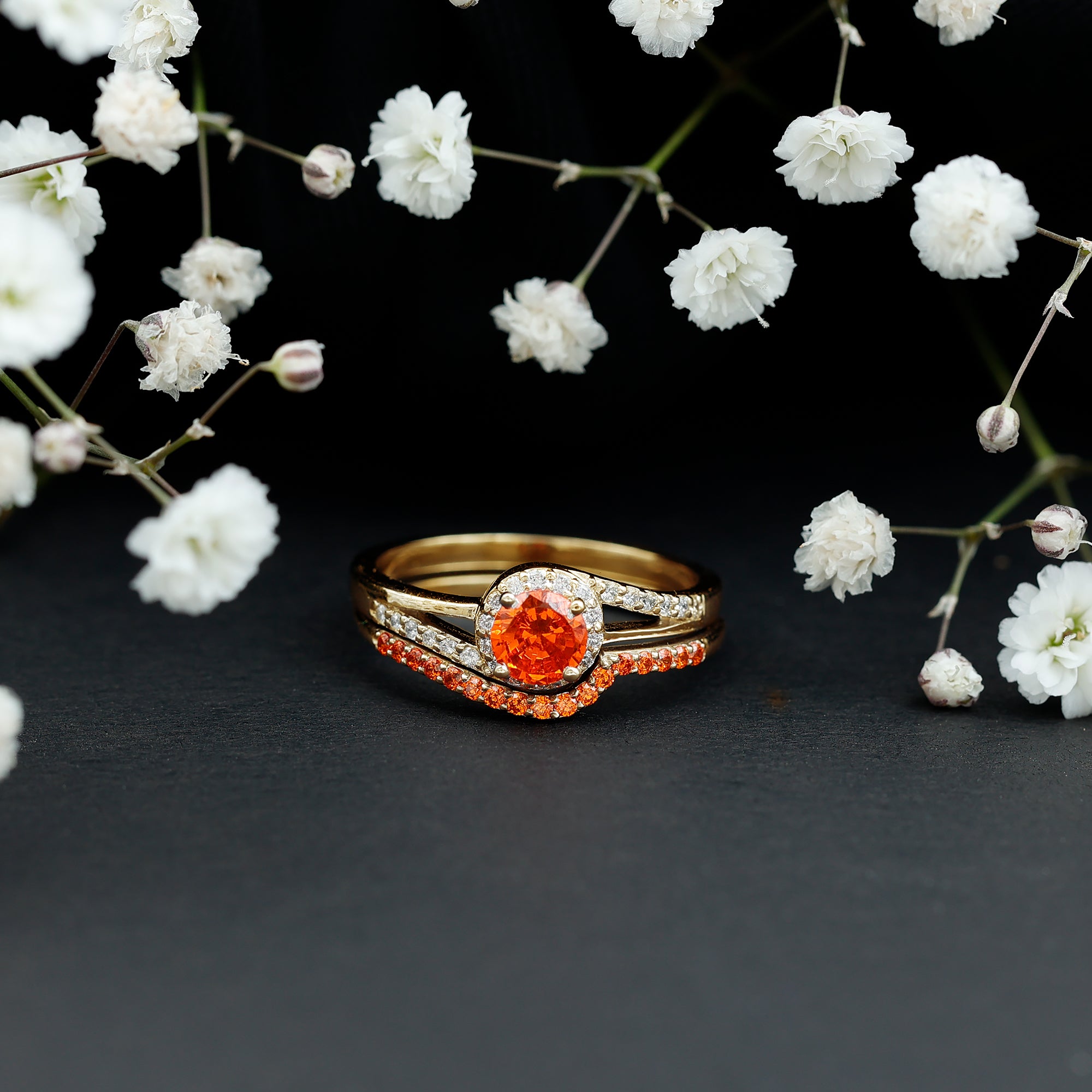 Certified Lab Grown Orange Sapphire Engagement Ring with Diamond Wedding Band AAAA - Rosec Jewels