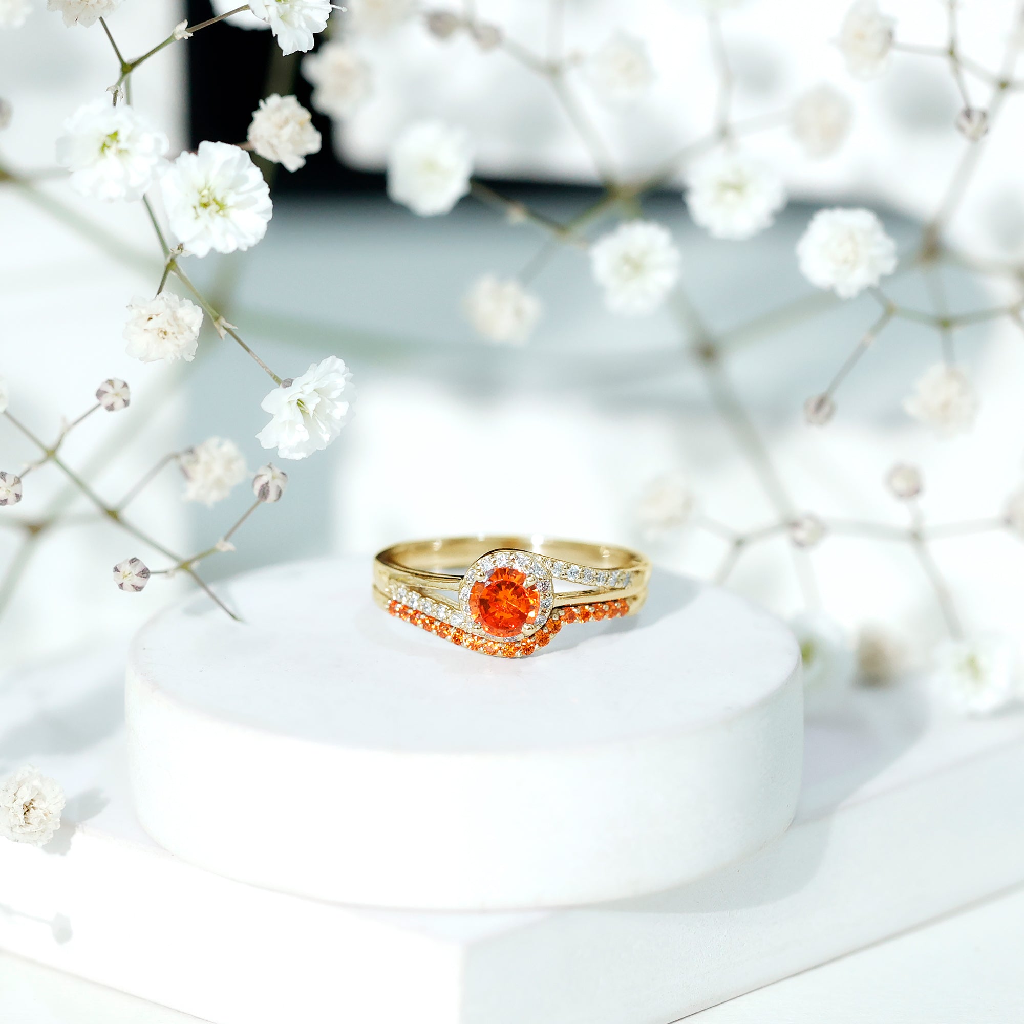 Certified Lab Grown Orange Sapphire Engagement Ring with Diamond Wedding Band AAAA - Rosec Jewels