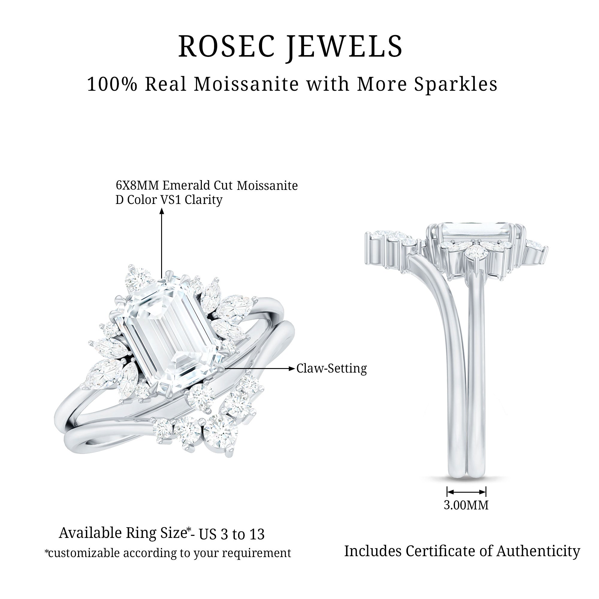 Rosec Jewels-Designer Emerald Cut Moissanite Wedding Ring Set for Women