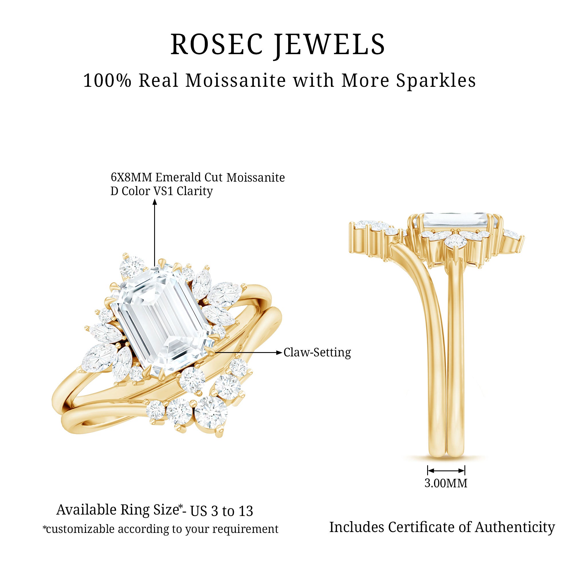 Rosec Jewels-Designer Emerald Cut Moissanite Wedding Ring Set for Women