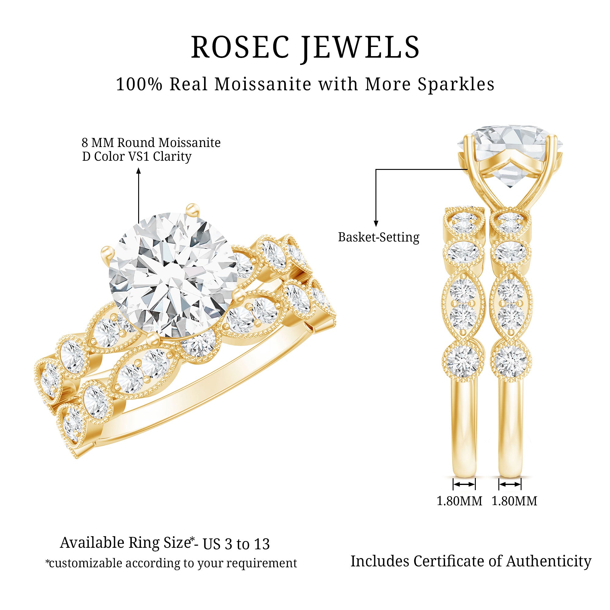 2.50 CT Brilliant Cut Moissanite Bridal Ring Set D-VS1 - Rosec Jewels