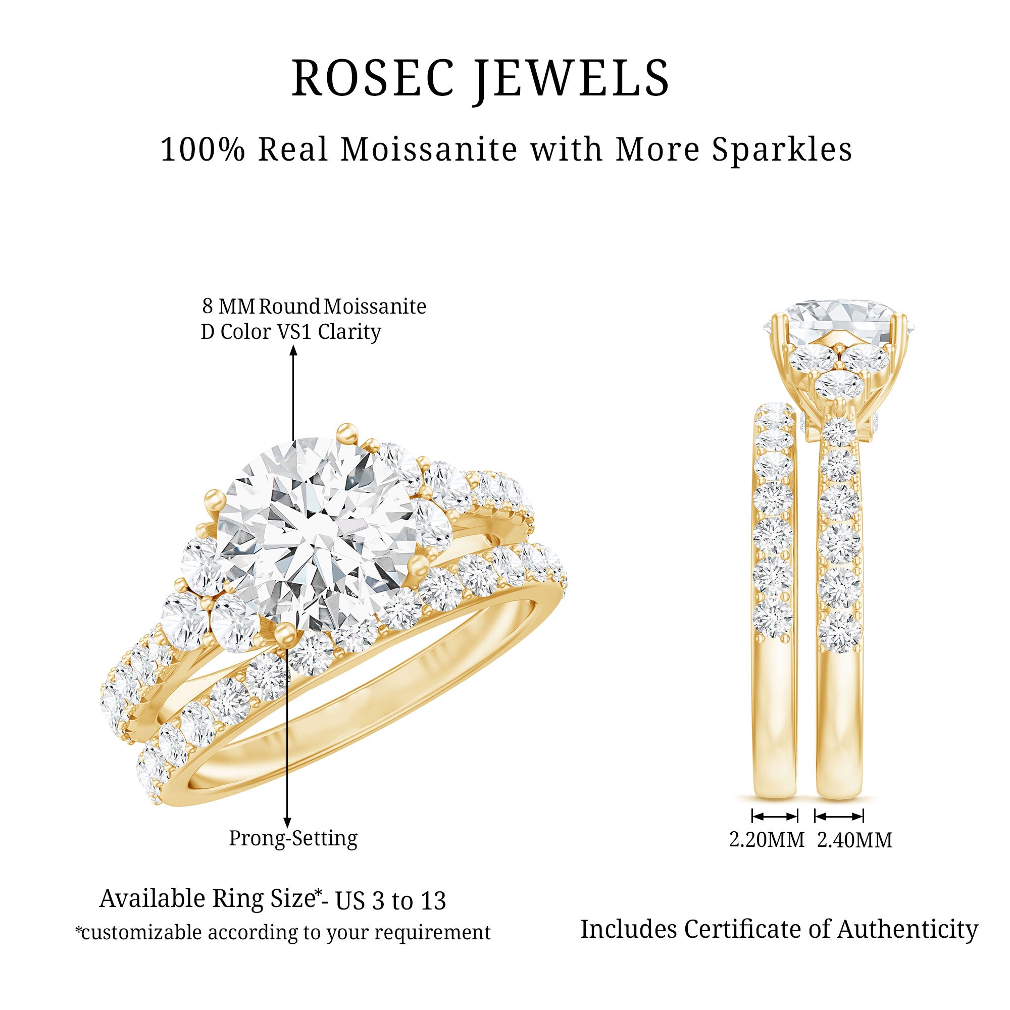 Certified 2 Carat Moissanite Engagement Ring with Enhancer D-VS1 - Rosec Jewels