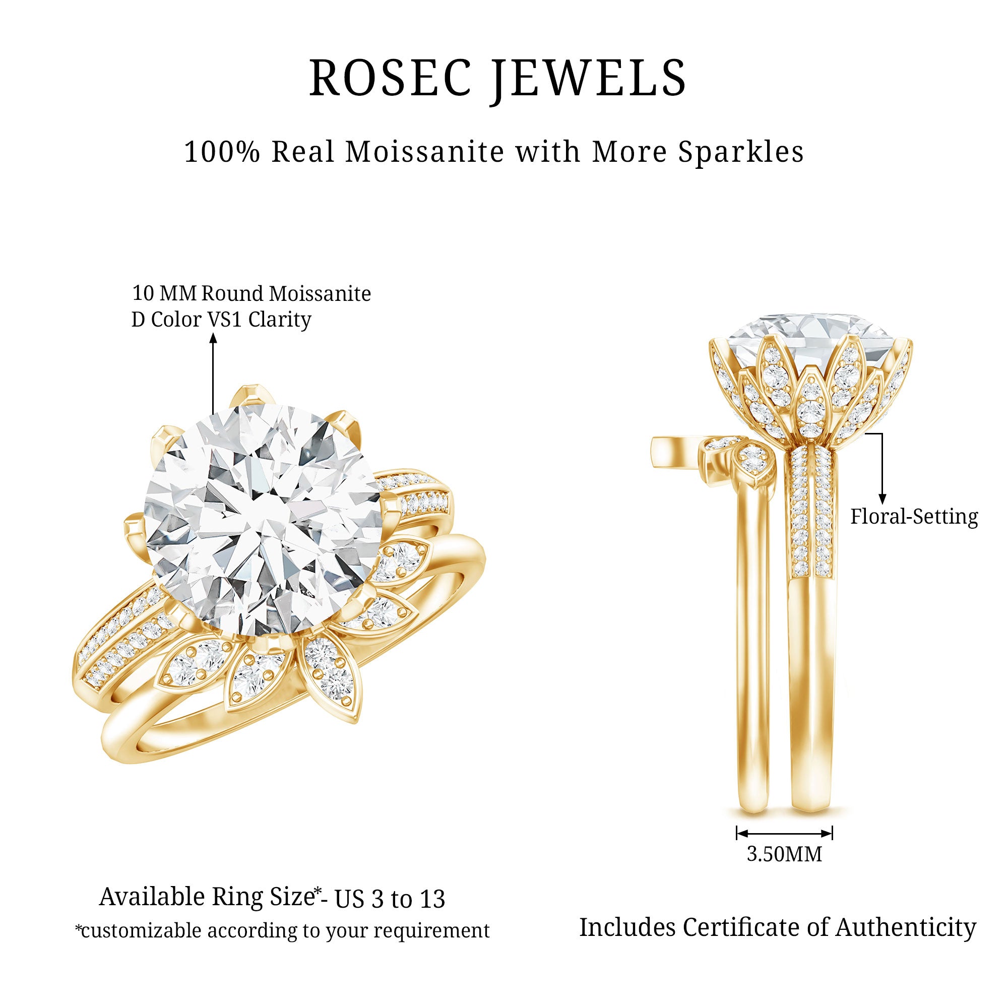 10MM Round Moissanite Flower Engagement Ring With Enhancer D-VS1 - Rosec Jewels
