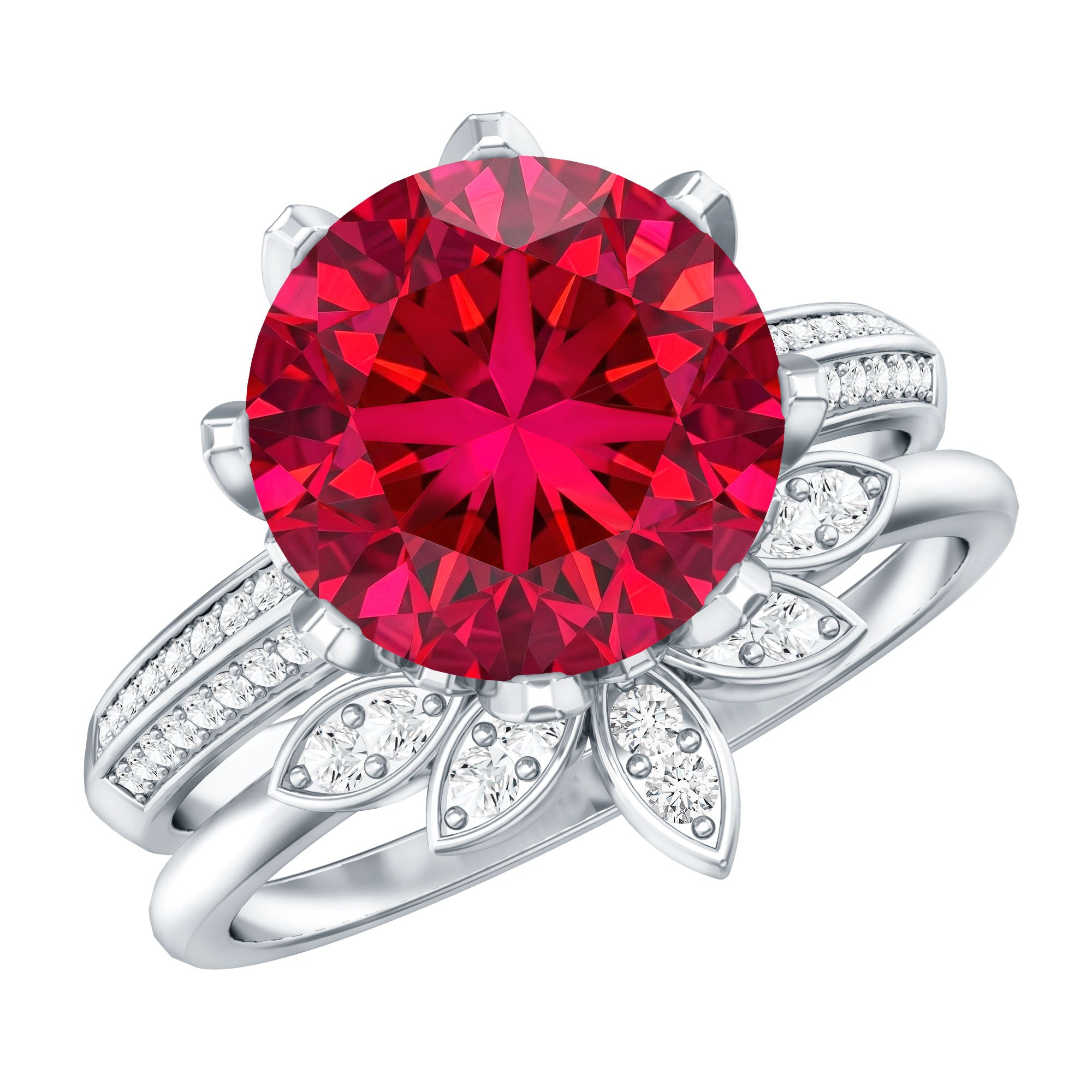 Lab Grown Ruby Flower Bridal Engagement Ring Set with Moissanite AAAA - Rosec Jewels