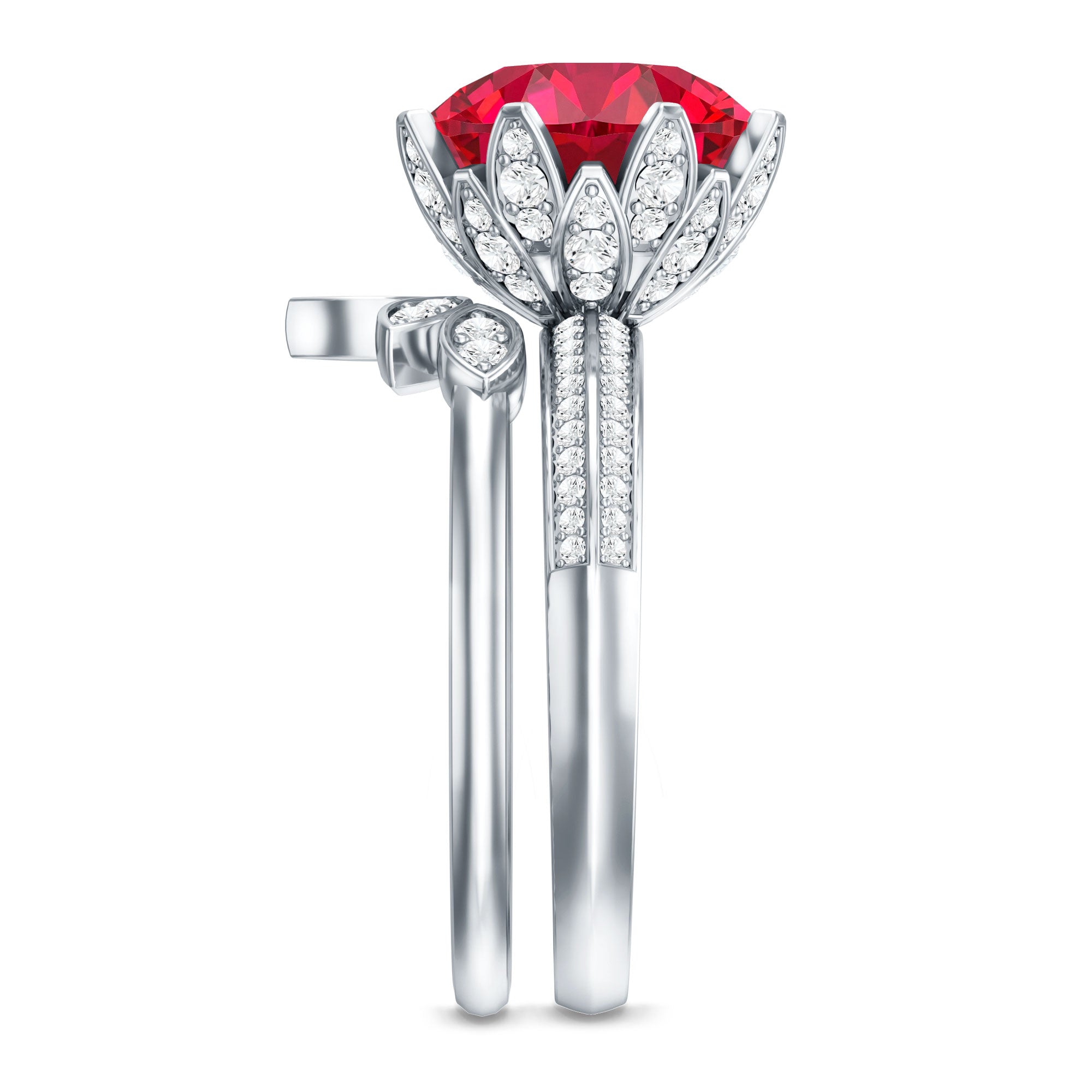 Lab Grown Ruby Flower Bridal Engagement Ring Set with Moissanite AAAA - Rosec Jewels