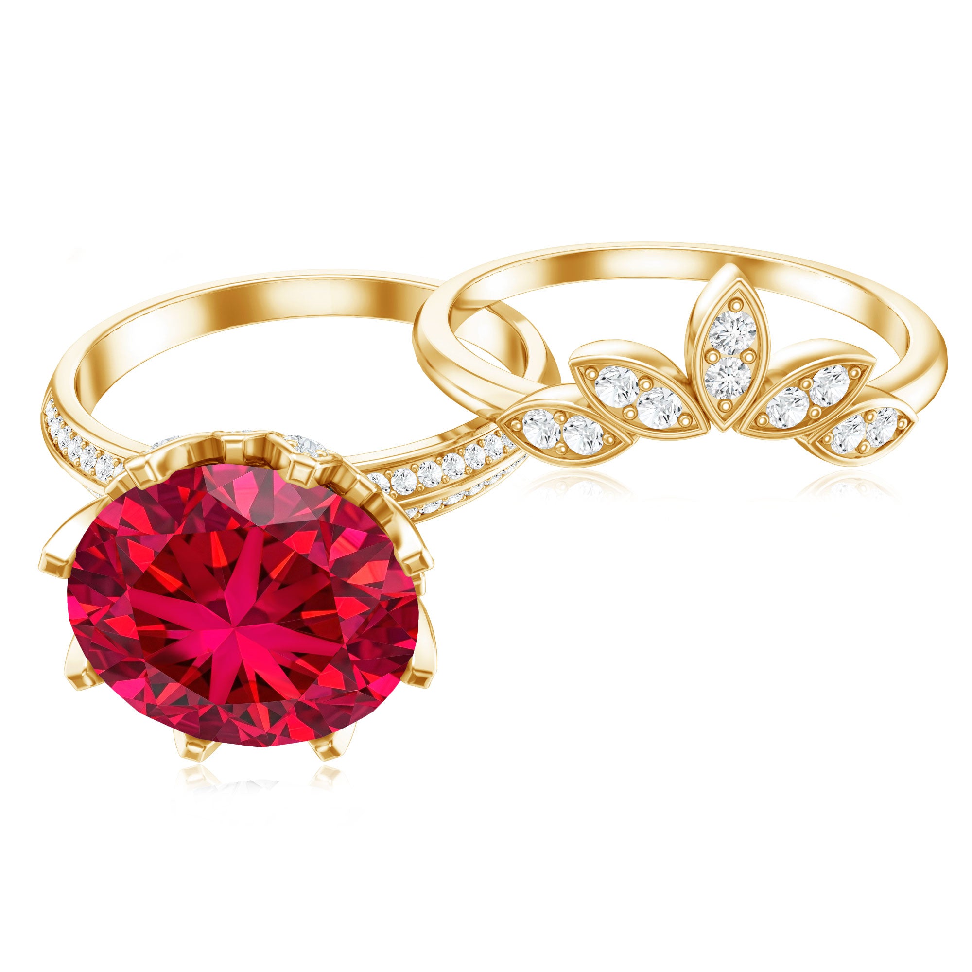 Lab Grown Ruby Flower Bridal Engagement Ring Set with Moissanite AAAA - Rosec Jewels