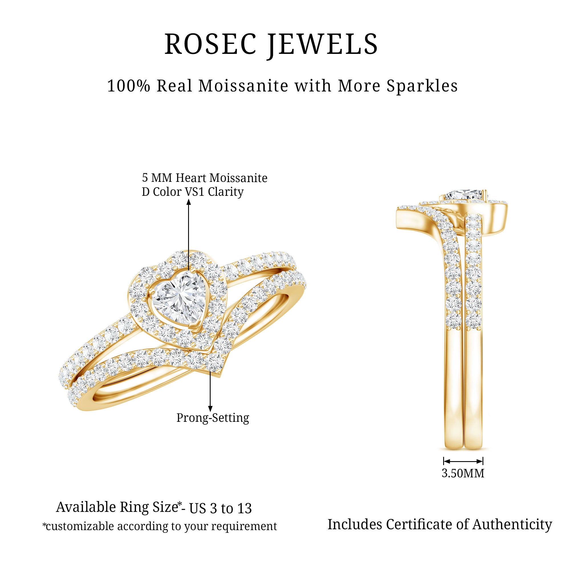 Heart Shape Moissanite Wedding Ring Set For Women D-VS1 - Rosec Jewels