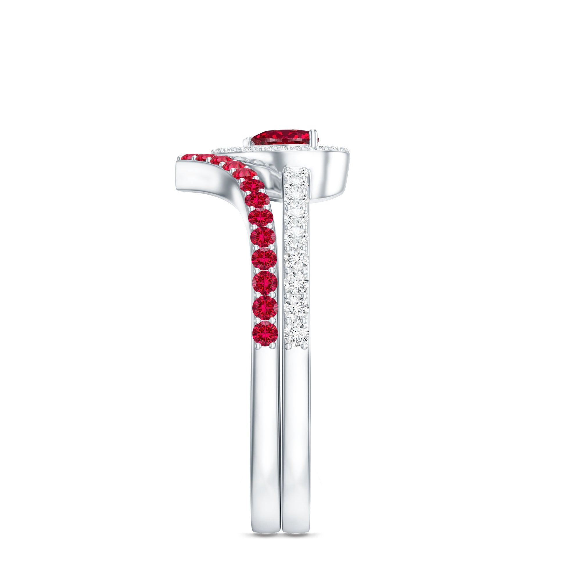 Rosec Jewels-Lab Created Ruby and Diamond Heart Wedding Ring Set